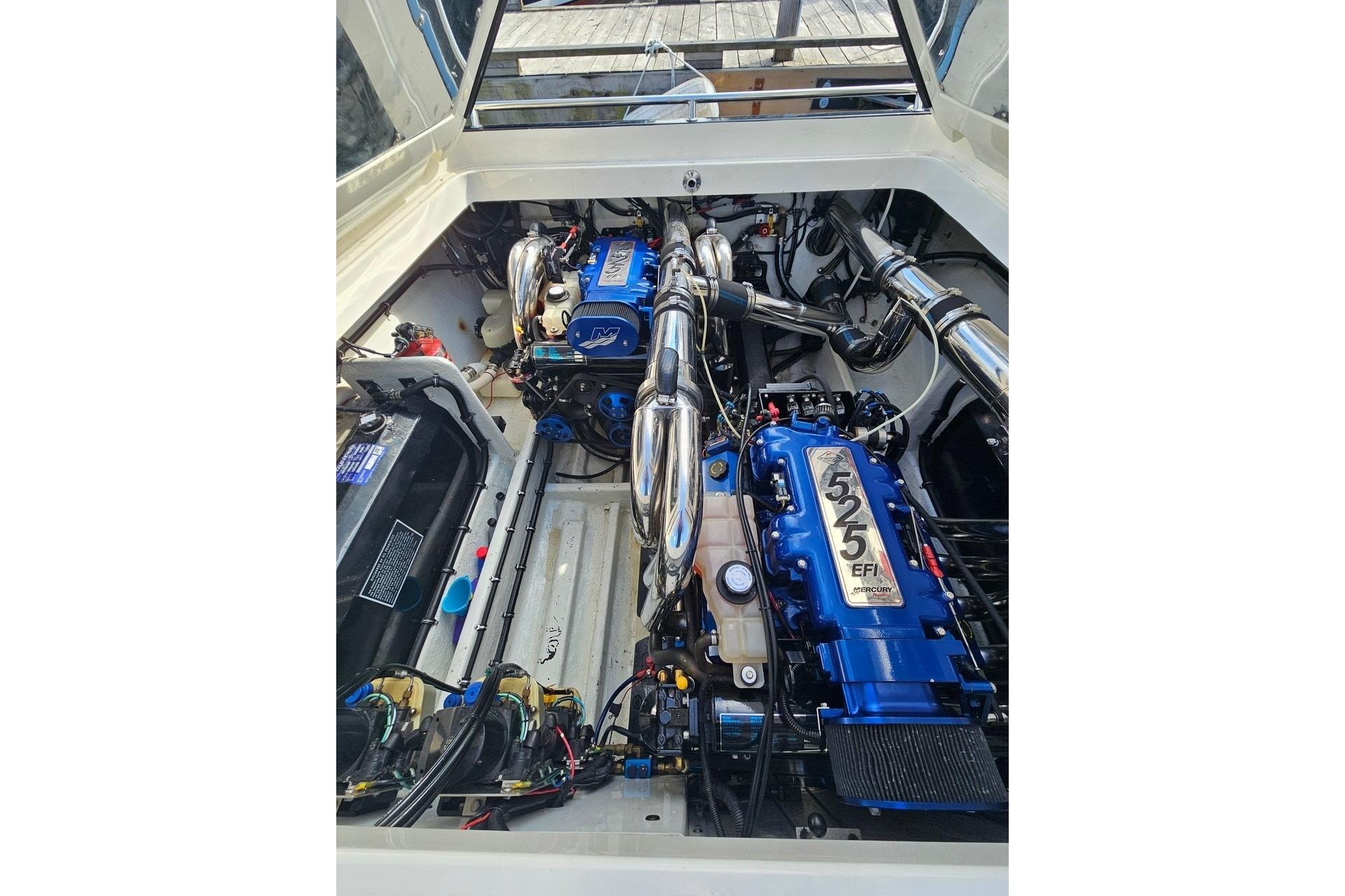 Engine compartment of a 2004 Fountain 42 Lightning boat with dual 525 EFI engines.