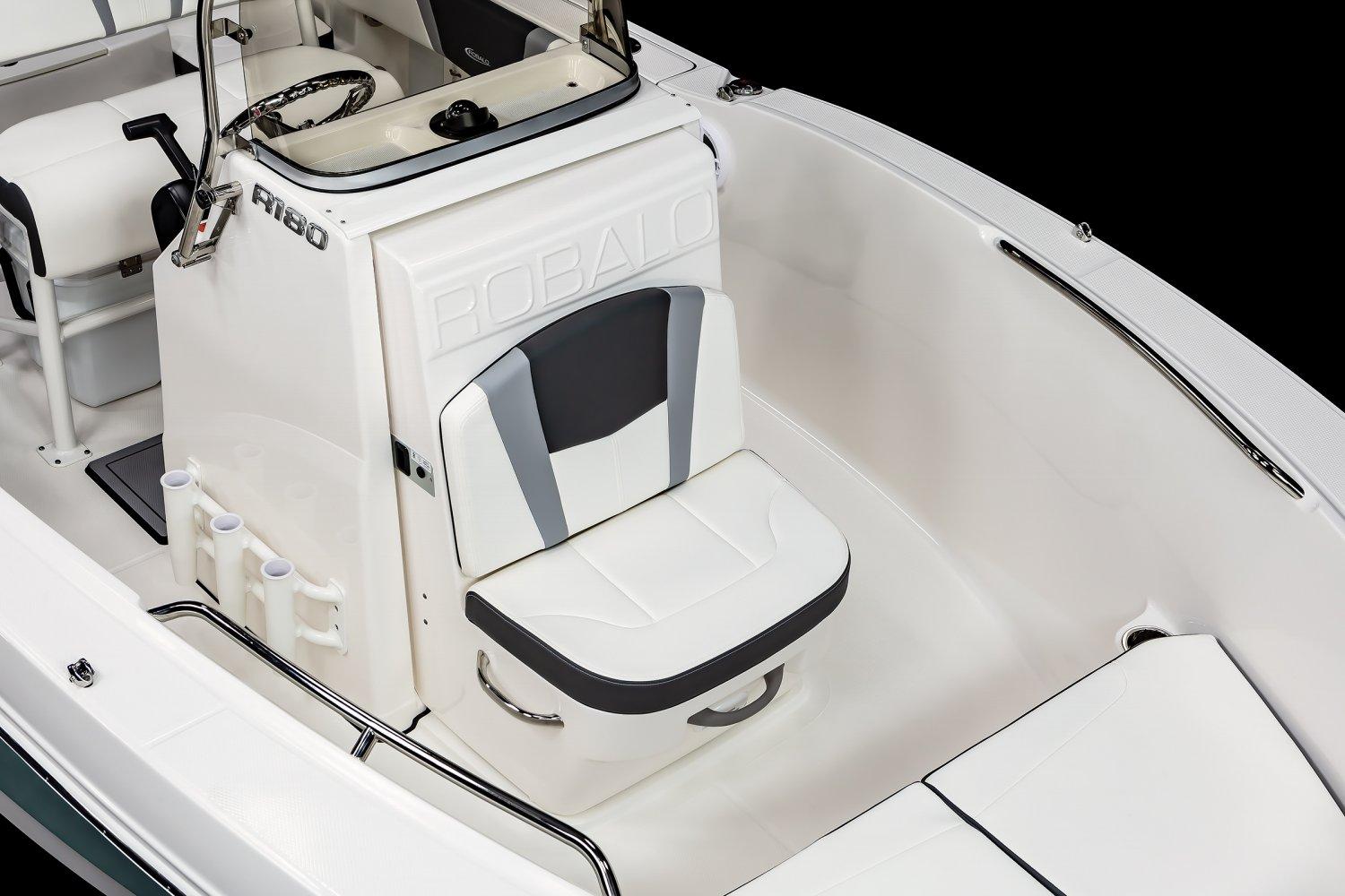 Manufacturer Provided Image: 2025 Robalo R180 Center Console boat interior with seating and console details.