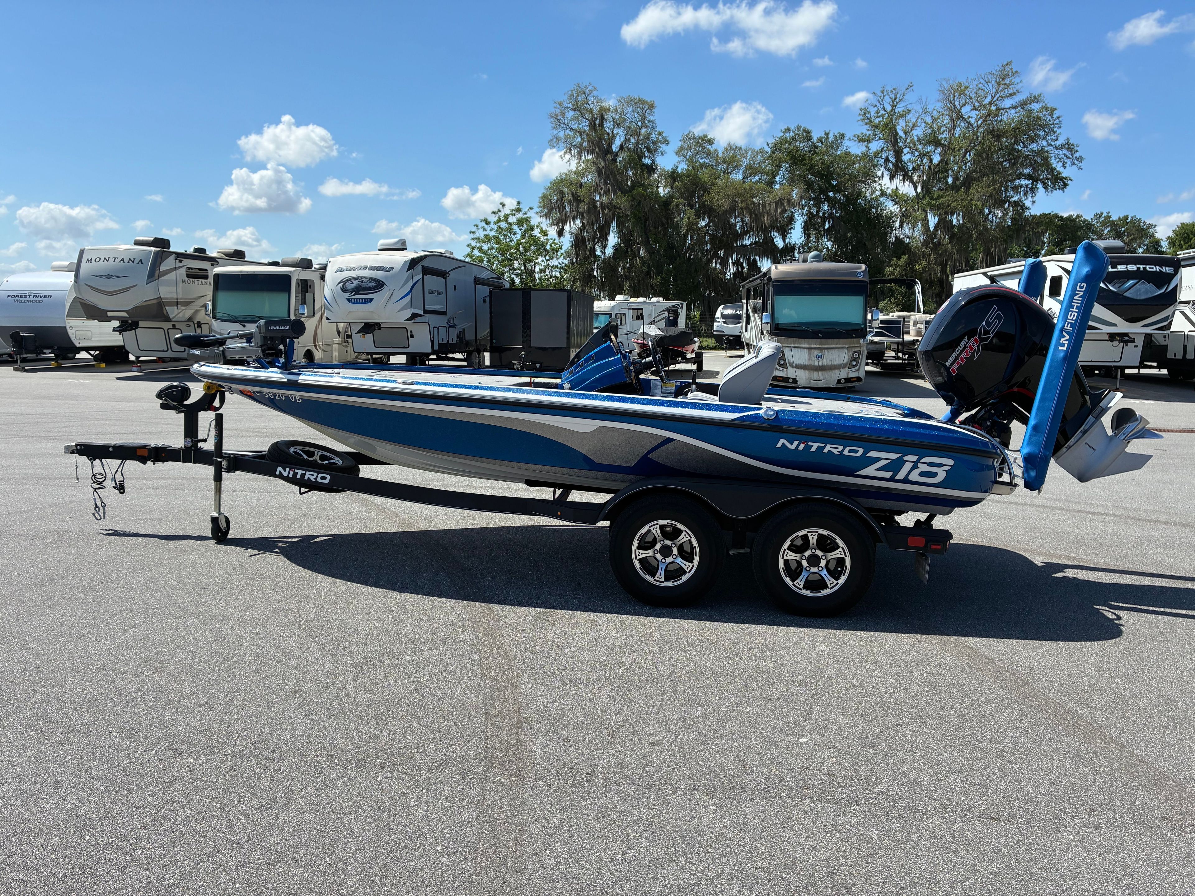 2024 Nitro Z18 Pro boat on trailer, surrounded by RVs.