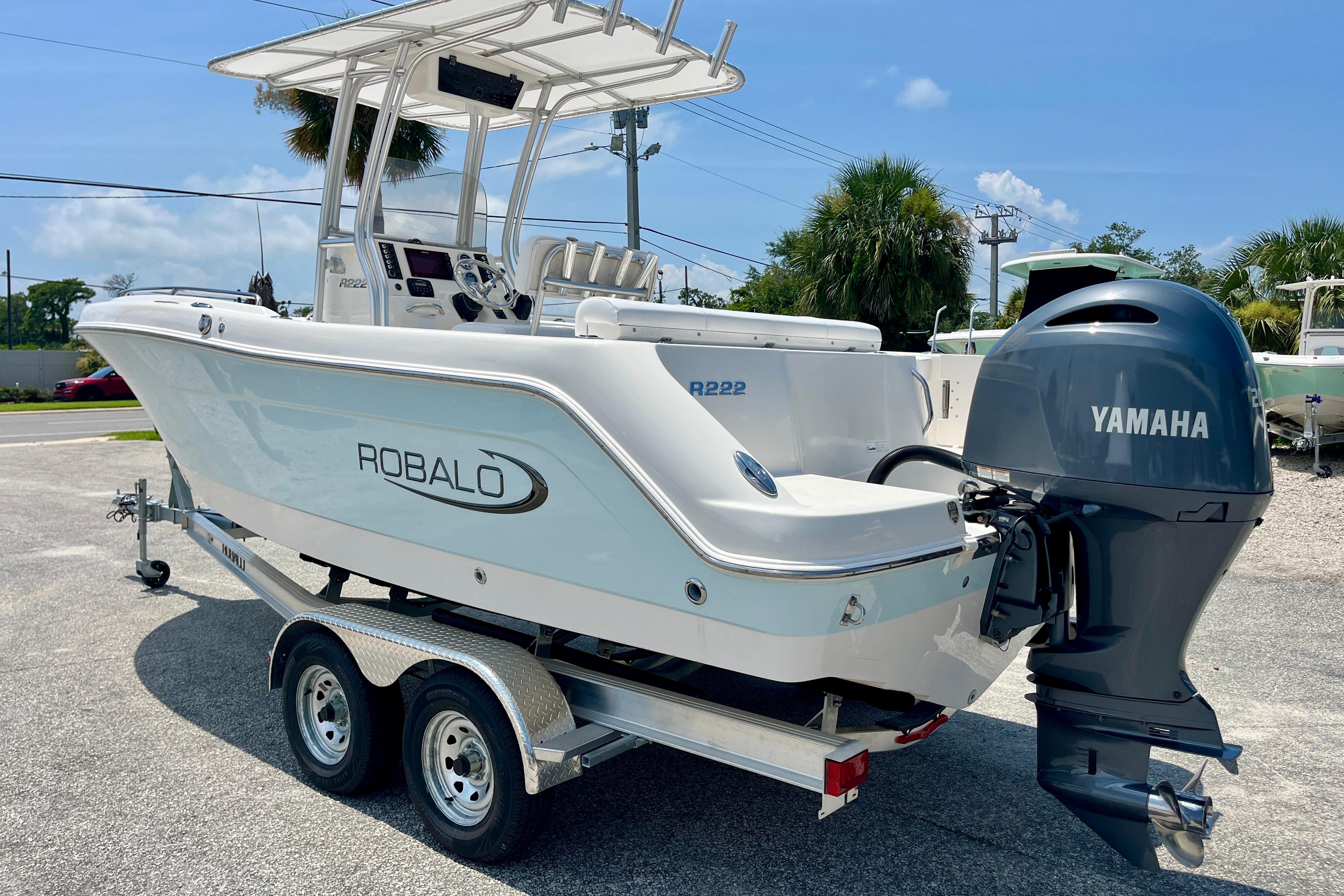 2016 Robalo R222 Center Console boat with Yamaha engine on trailer.