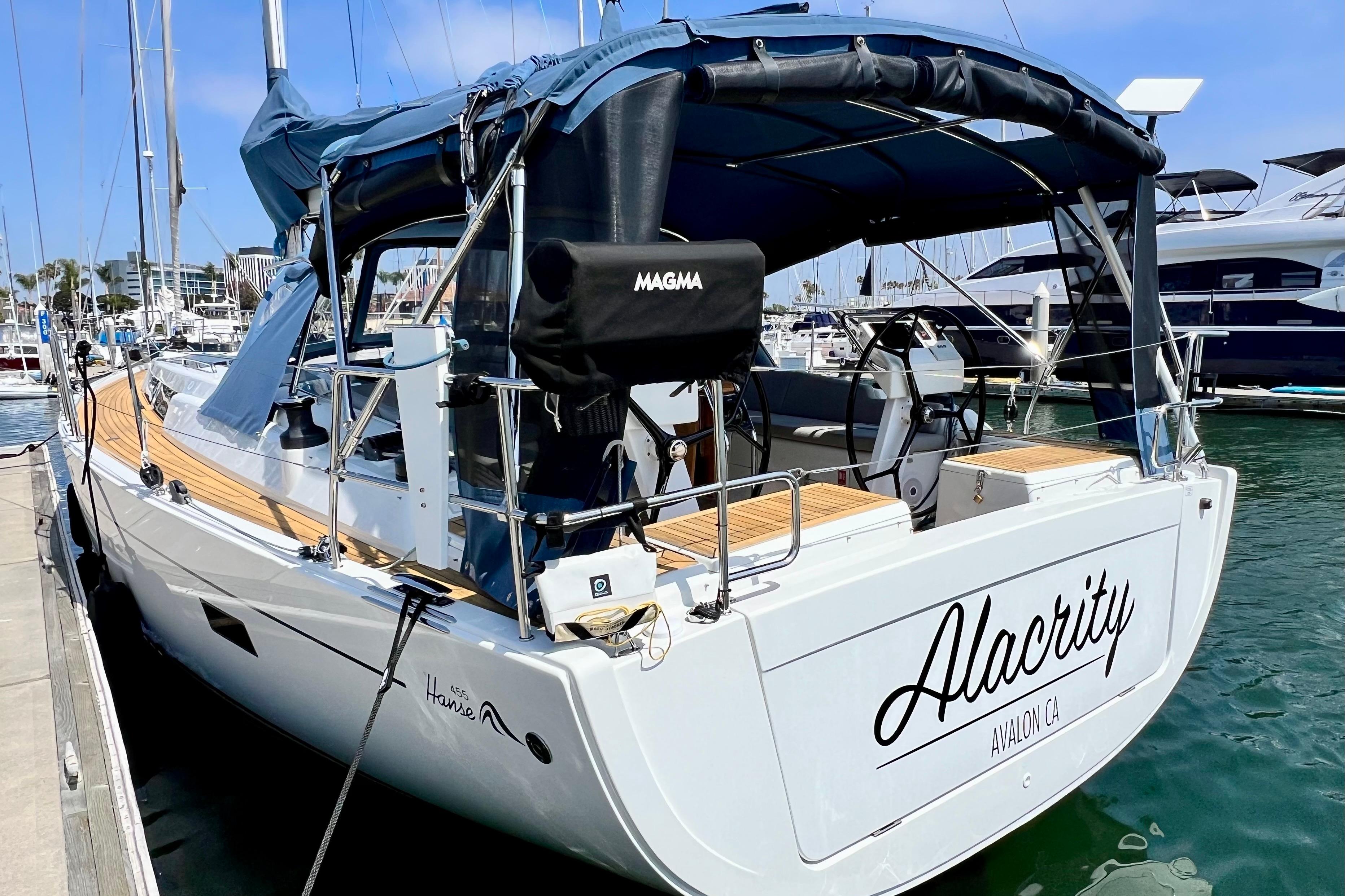 2016 Hanse 455 sailboat named "Alacrity" docked at a marina.