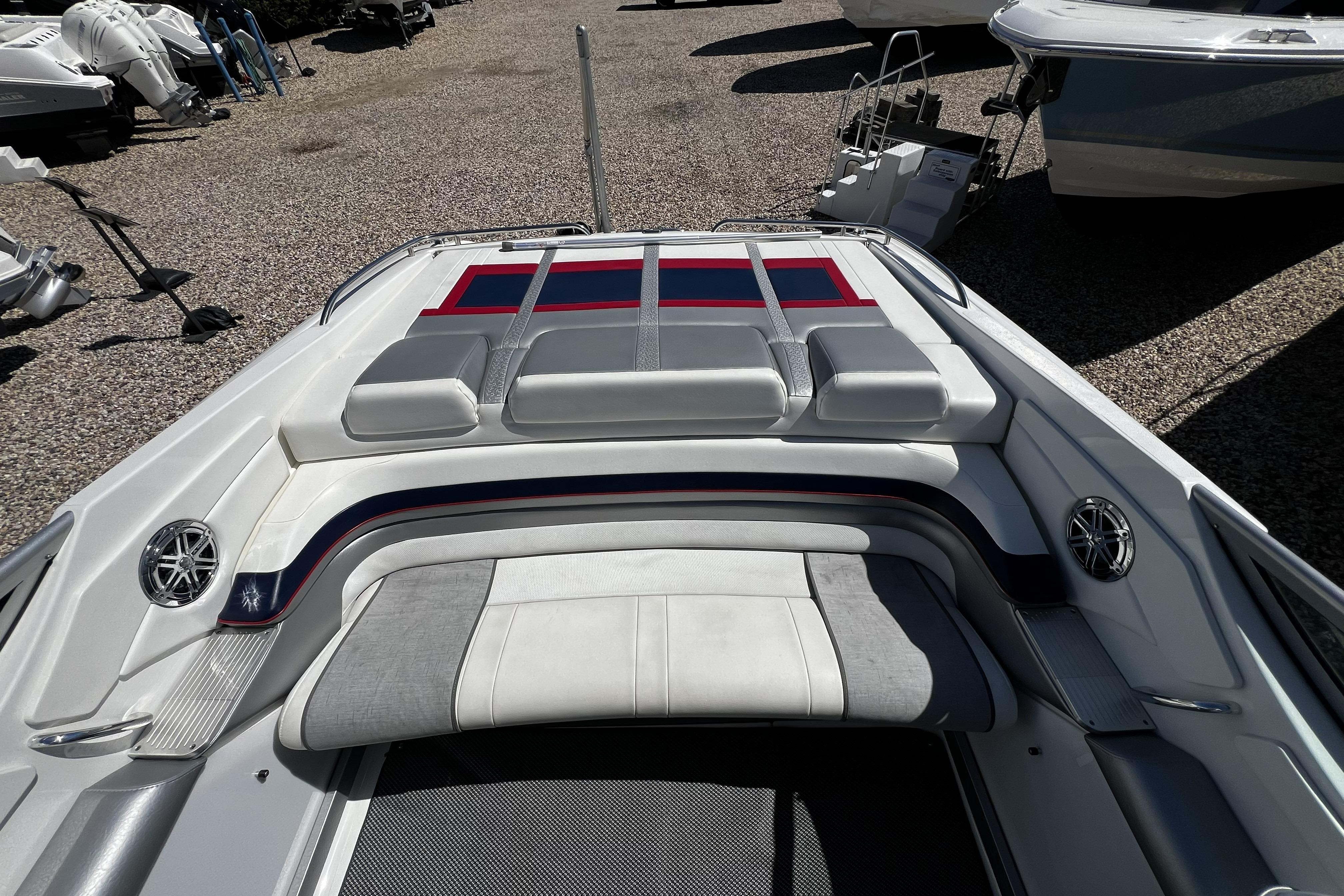 2017 Formula 292 FASTech boat interior with cushioned seating and speaker system.