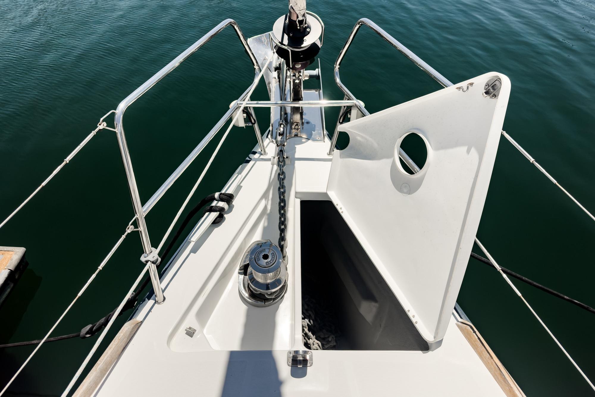 Bow view of 2017 Beneteau Sense 50 sailboat with open anchor locker.