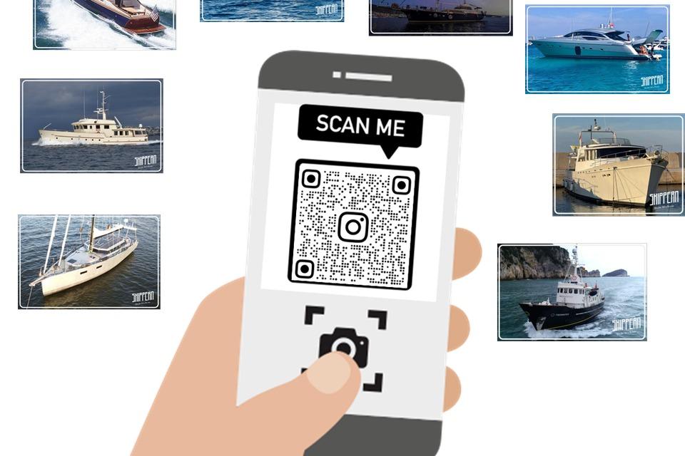 Hand holding phone with QR code, surrounded by various yacht images.