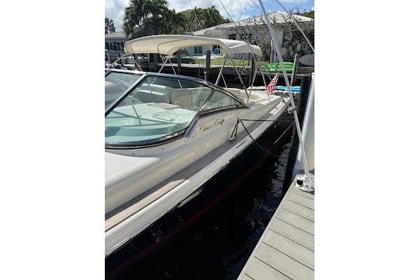 2006 Chris Craft Corsair Heritage boat docked at marina under sunny skies.