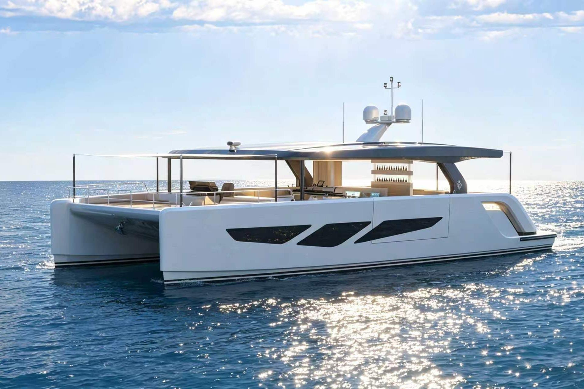 2026 Diamond Yachts P55 Power Catamaran cruising on open water under a clear sky.