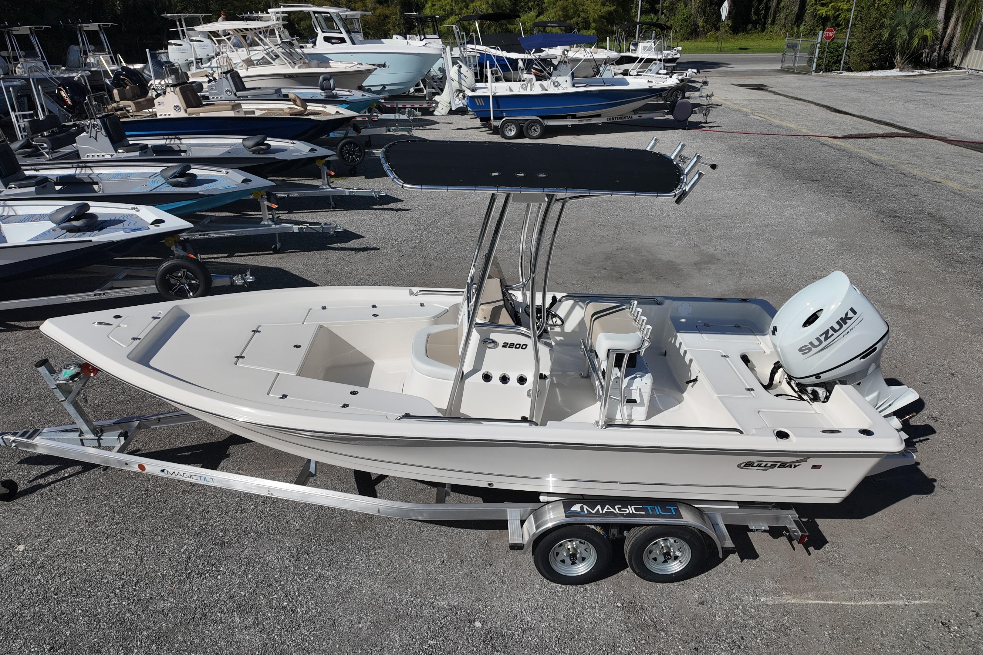 2026 Bulls Bay 2200 boat on trailer with Suzuki engine, parked in a marina.