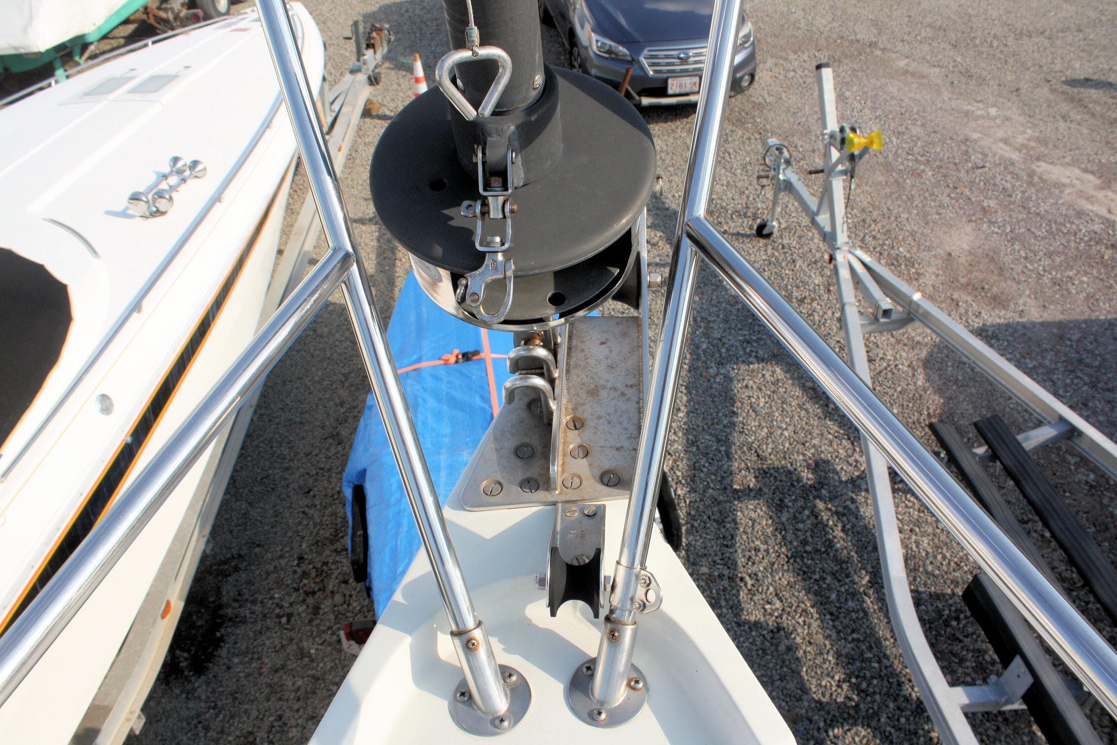 Bow view of 1987 Ericson 38-200 sailboat with anchor roller and stainless steel fittings.