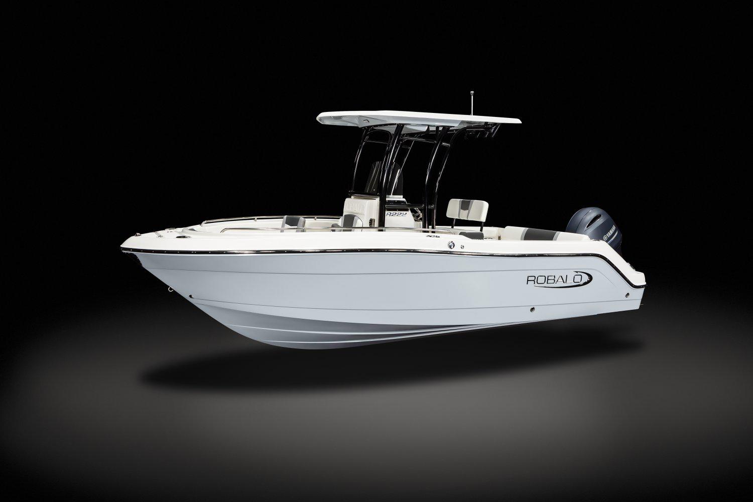 Manufacturer Provided Image: 2025 Robalo R222 Center Console boat on black background.