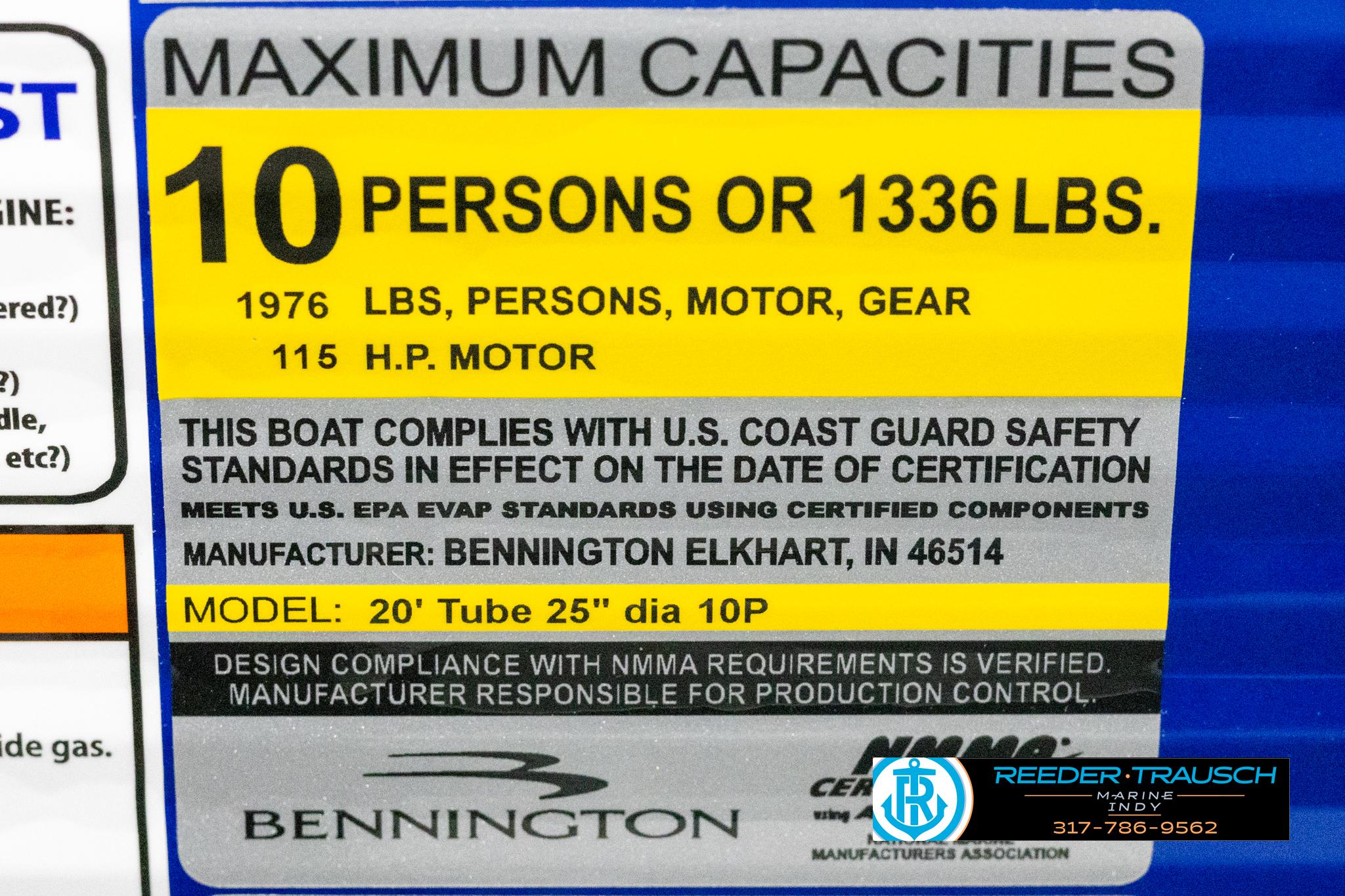 Bennington 21 SSR 2025 boat capacity label, 10 persons, 1336 lbs, 115 HP.