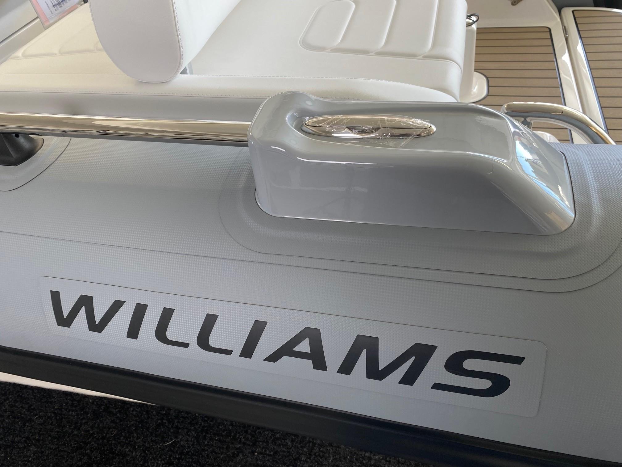 2025 Williams Jet Tenders Sportjet 435, close-up of branding and seating area.