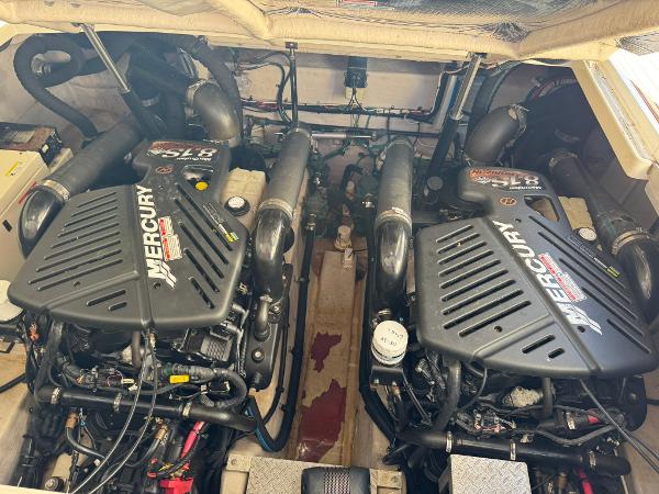 Engine room of a 2004 Sea Ray 390 Sundancer with Mercury engines.