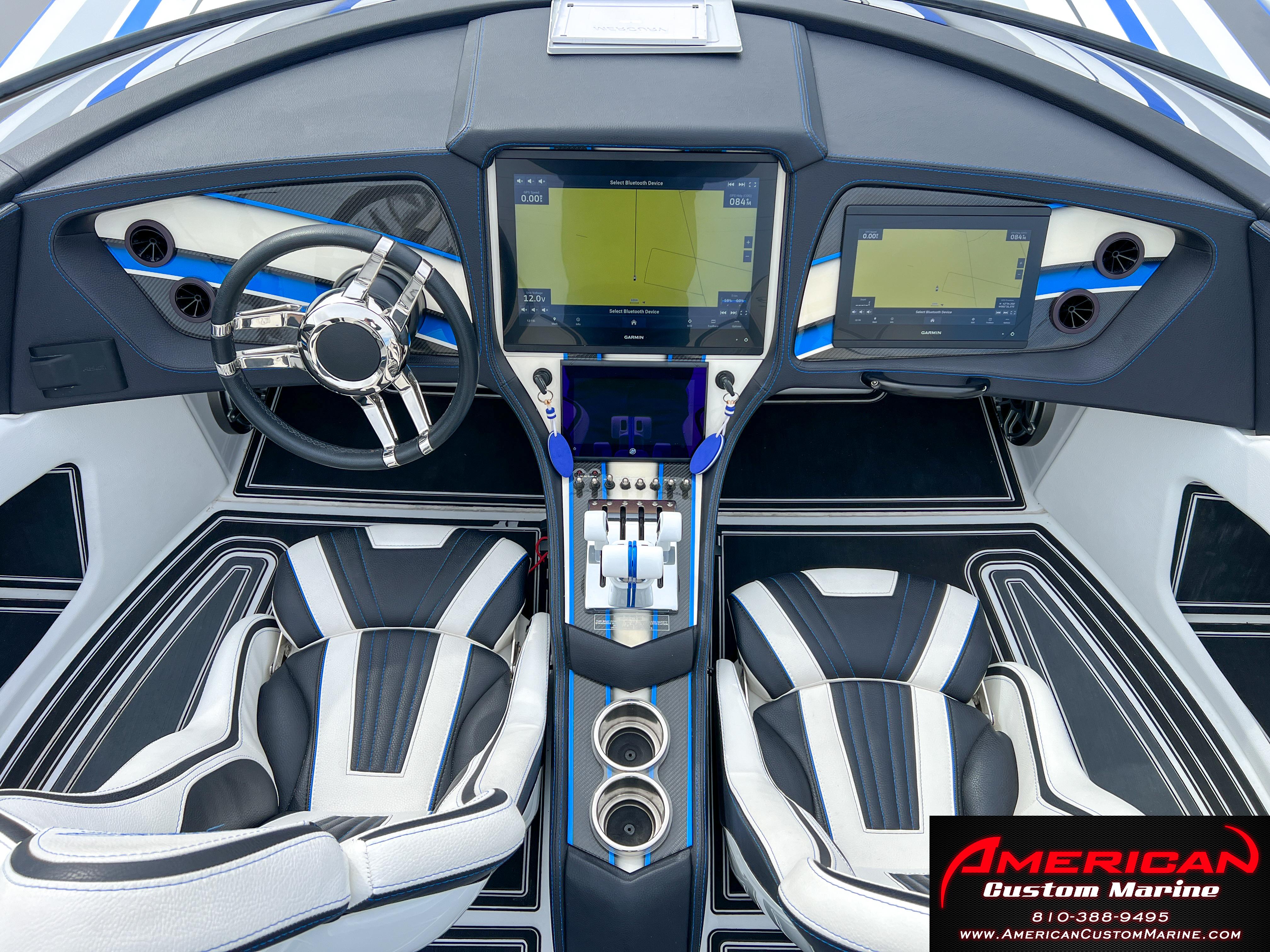 Interior of a 2022 MTI 390X boat with modern control console.
