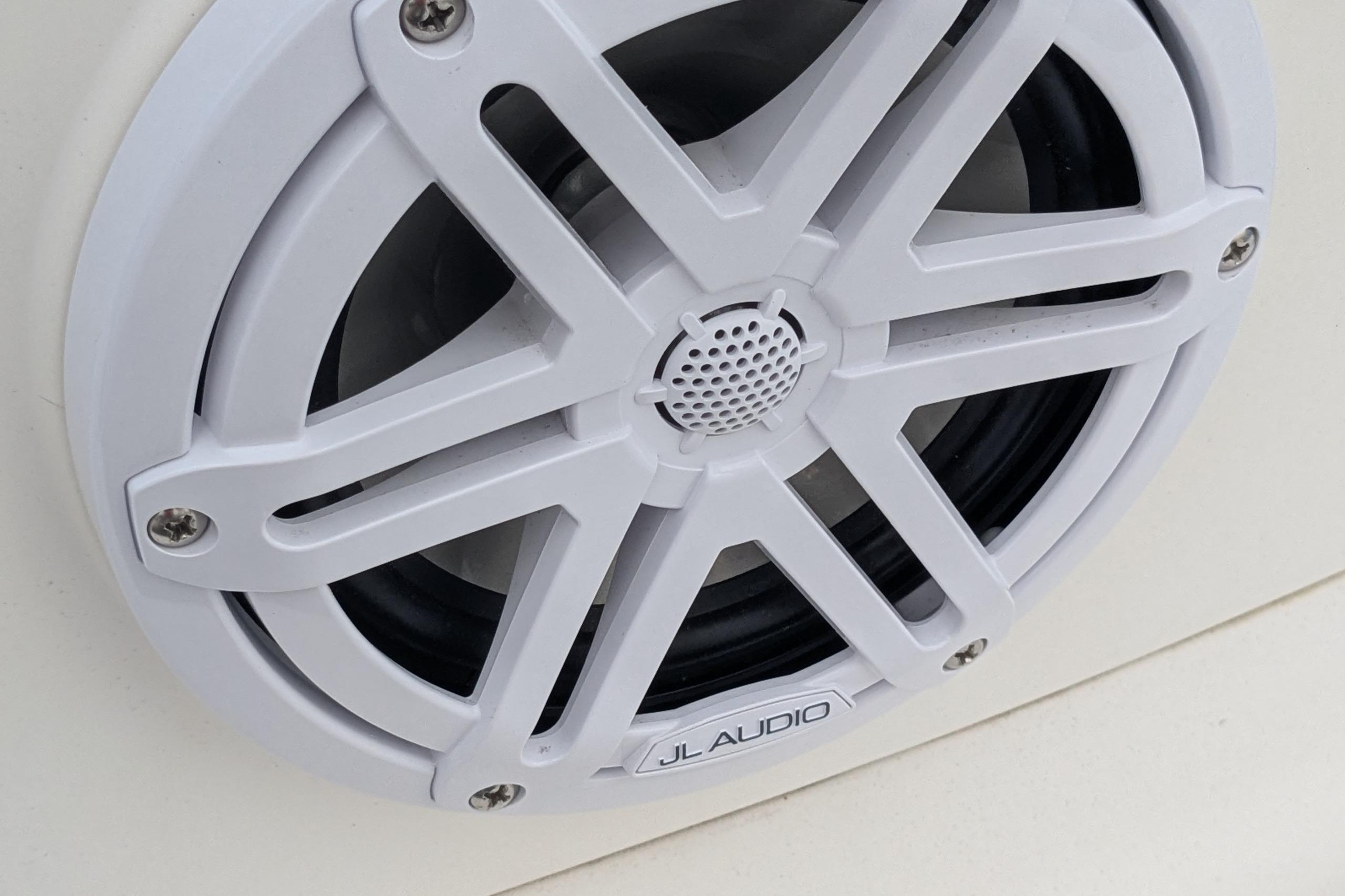 White JL Audio speaker on a 2016 Brig E780 boat.