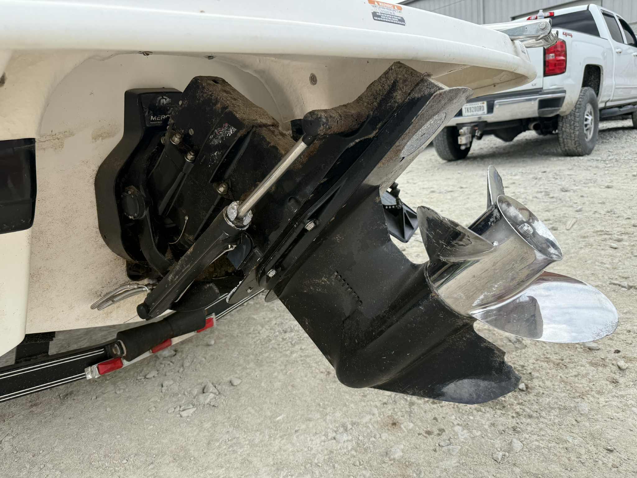 2007 Chaparral 180 SSi boat outdrive and propeller on a trailer.