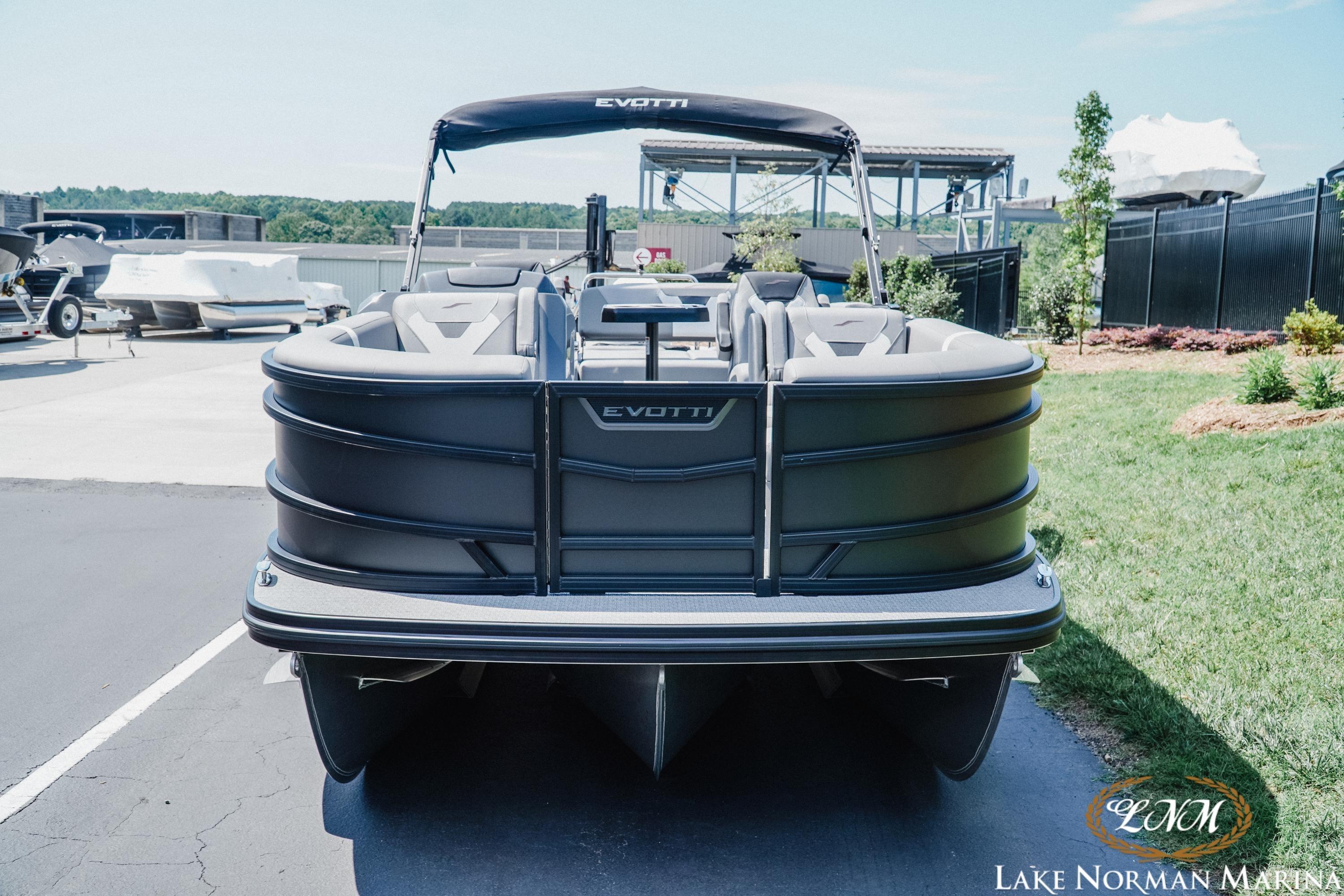2026 Evotti 521CS pontoon boat at Lake Norman Marina, rear view.