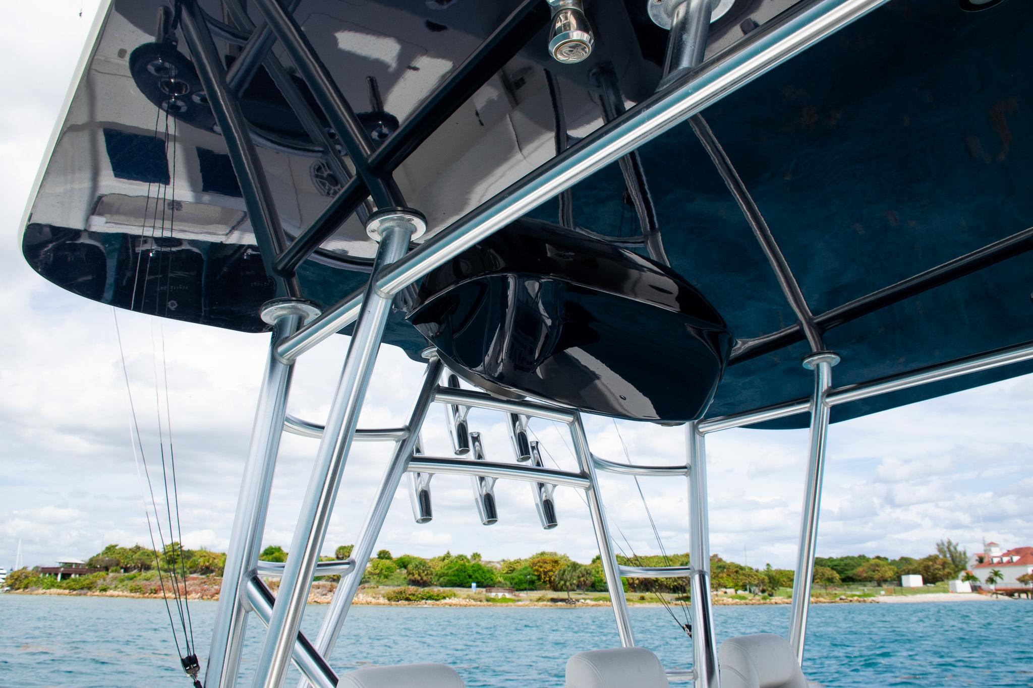 T-top structure of 2022 SeaVee 390Z boat with ocean backdrop.