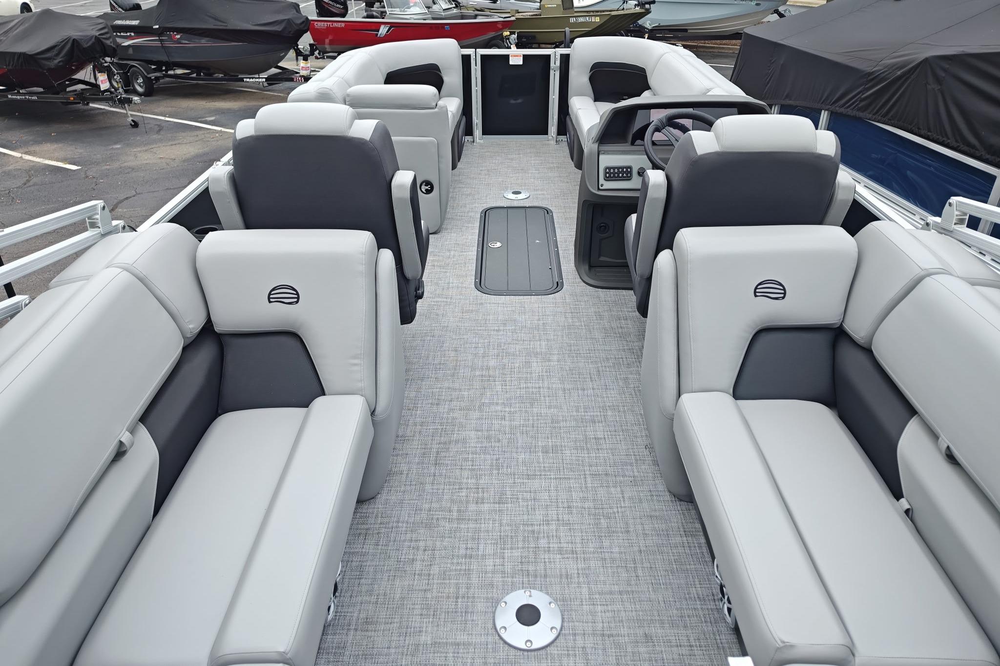 2026 Sun Tracker Party Barge 22 XP3 interior with spacious seating and modern design.