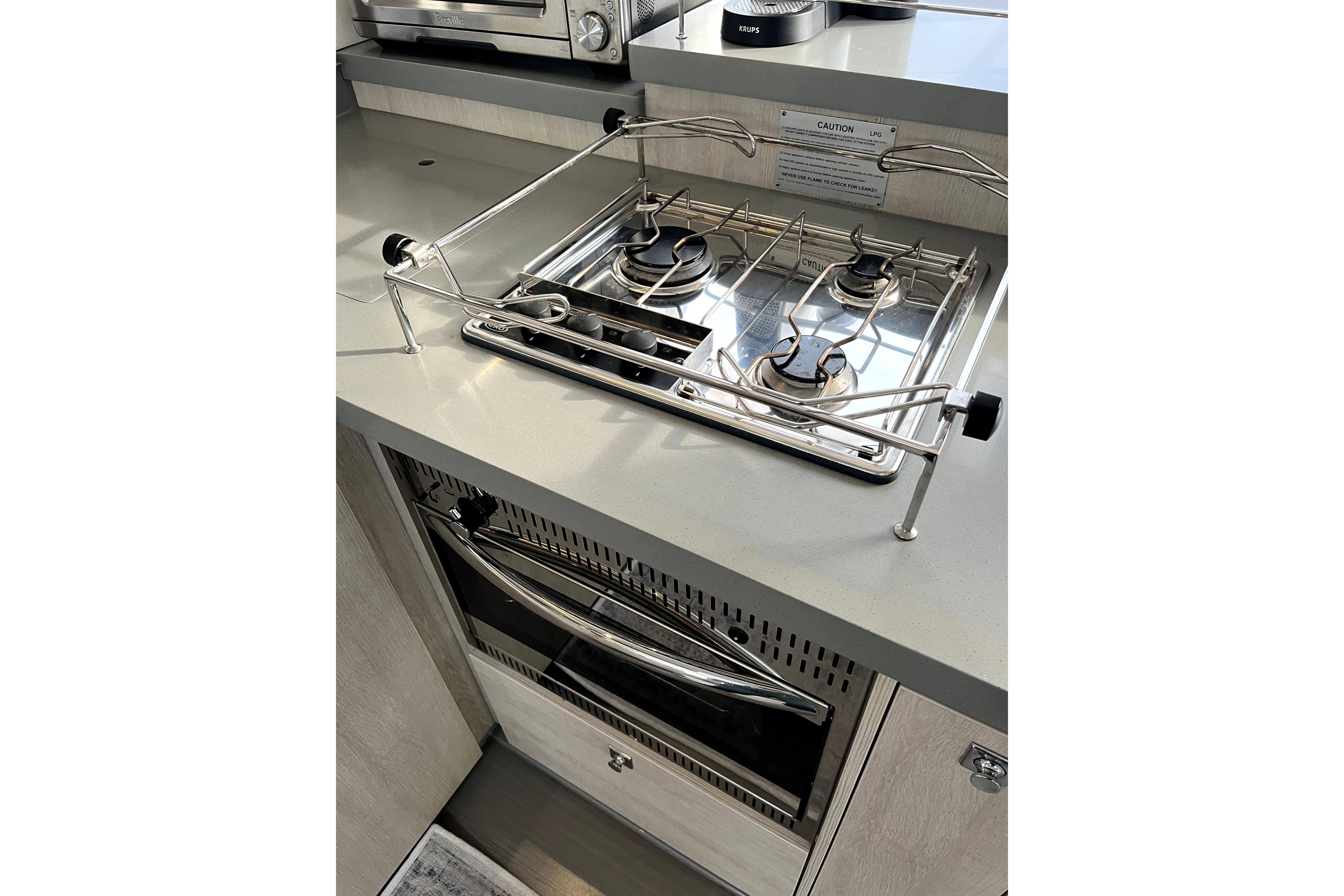 Modern kitchen in 2020 Leopard 45 yacht with stove and oven.