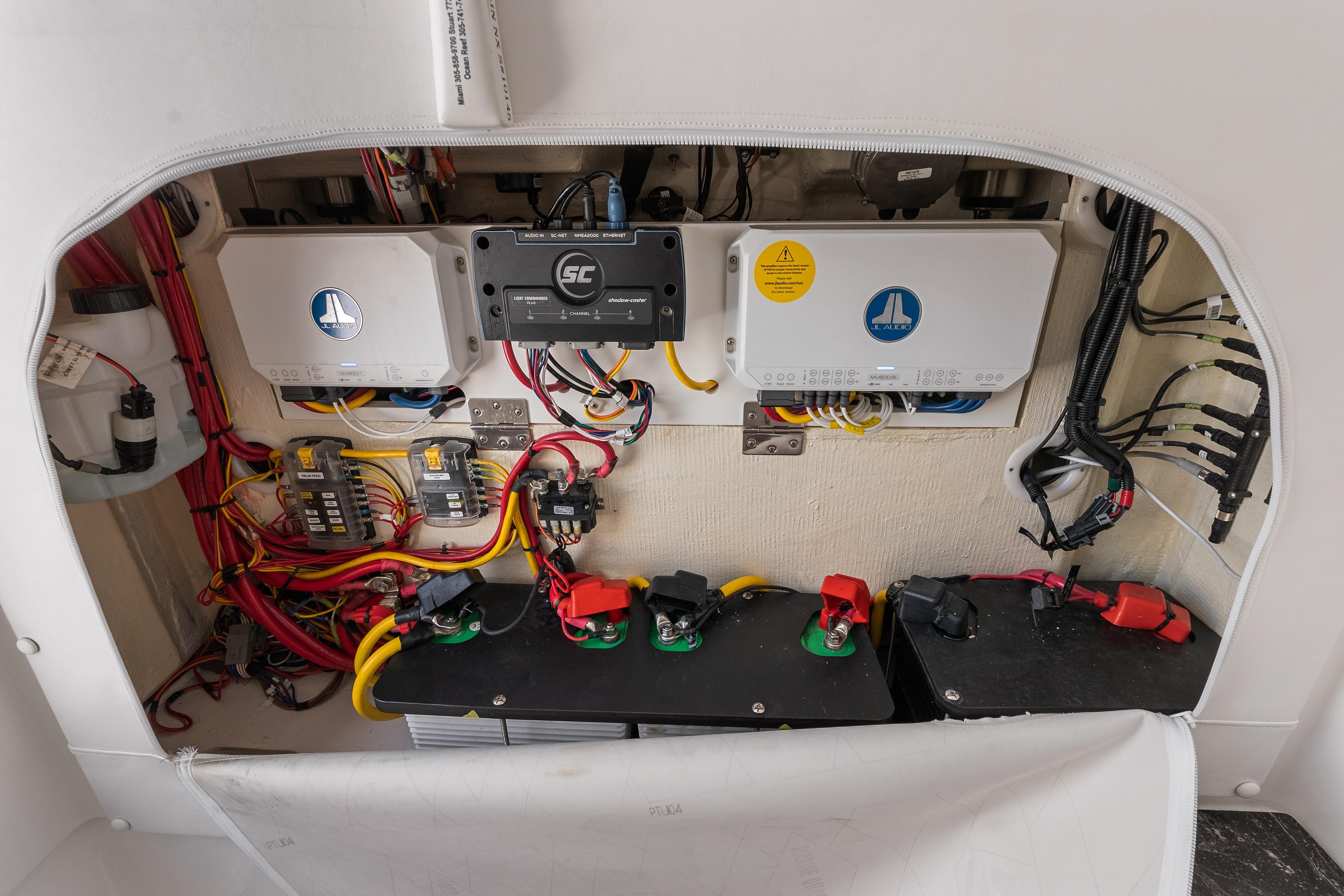 Electrical system of 2025 Fountain 32 NX boat, showcasing wiring and components.