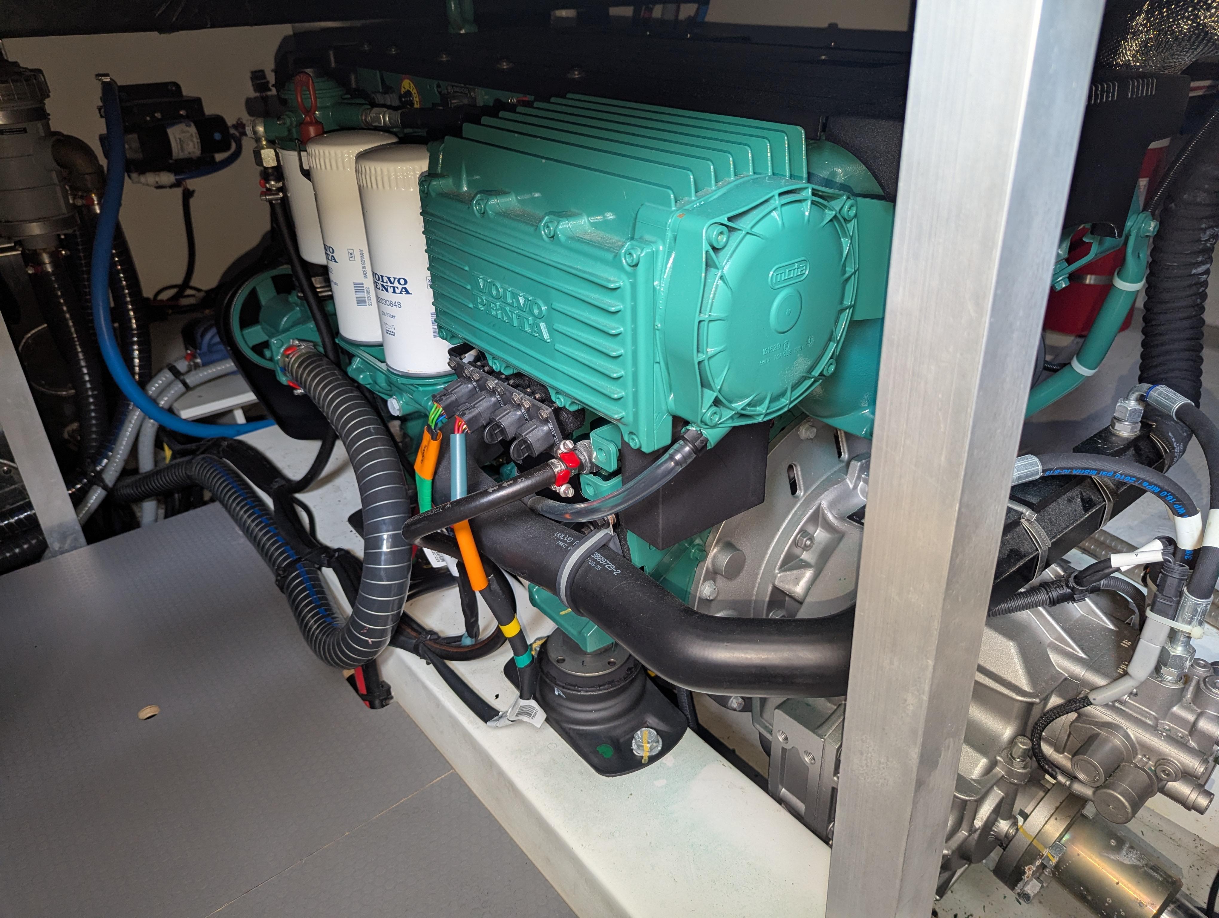 Engine room of 2019 Beneteau Swift Trawler 44 with Volvo Penta components.