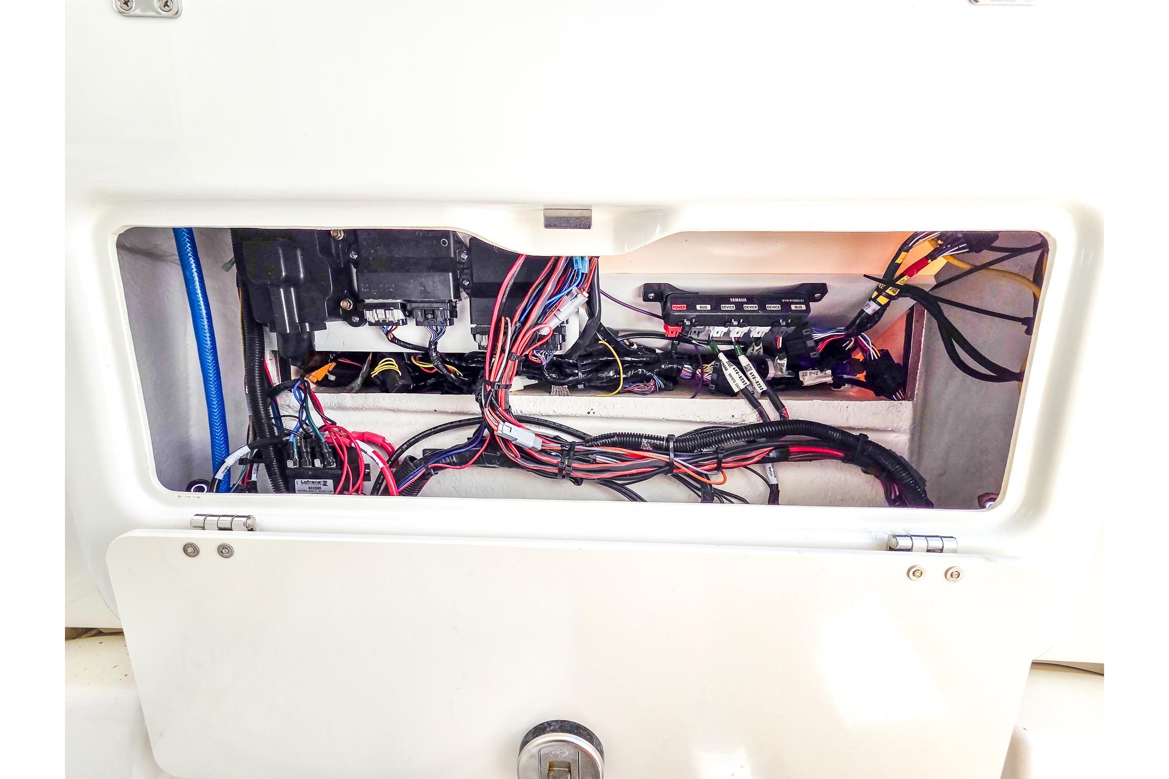 Electrical wiring compartment of 2026 Sea Fox 268 Commander boat.