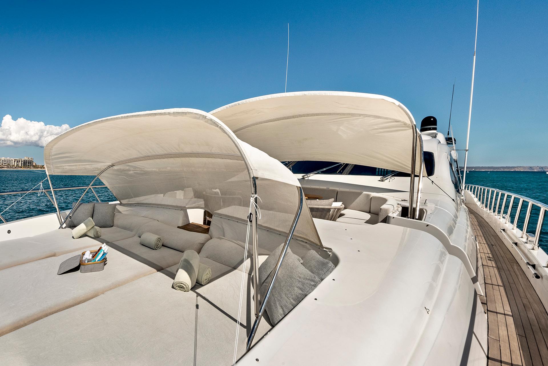 Luxury yacht Mangusta 130, 2004 model, with sunshade on deck.
