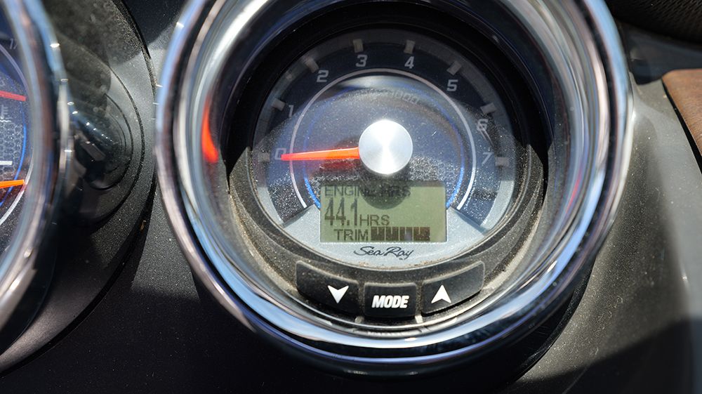Close-up of a Sea Ray SLX 230 gauge showing 44.1 engine hours.