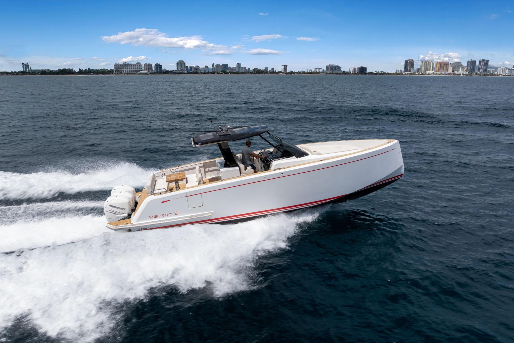 2021 Pardo Yachts 38 cruising on open water near city skyline.