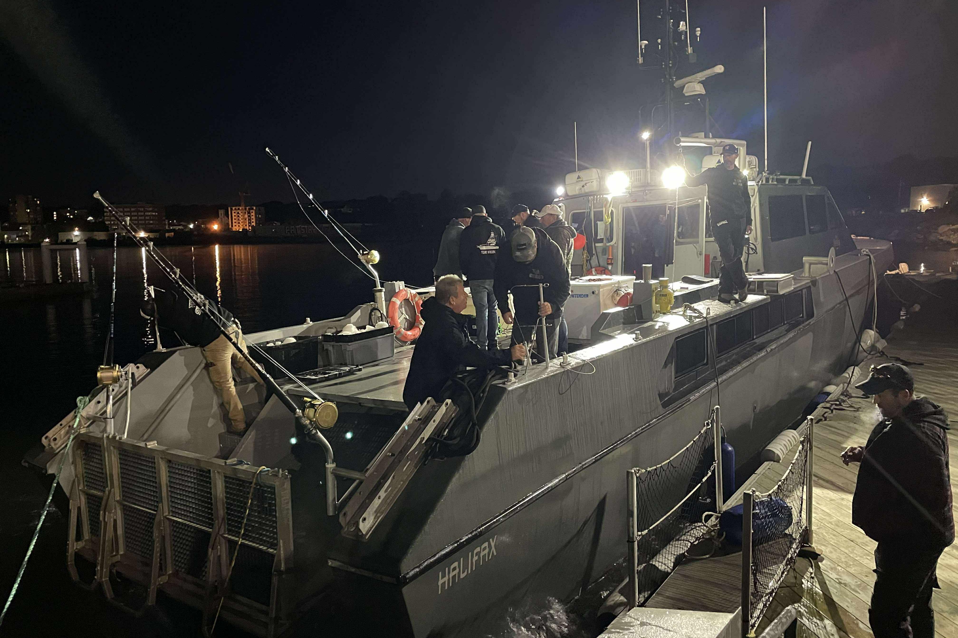 River Hawk 73 Sea Stryker Fast Patrol Boat docked at night, 2012 model.