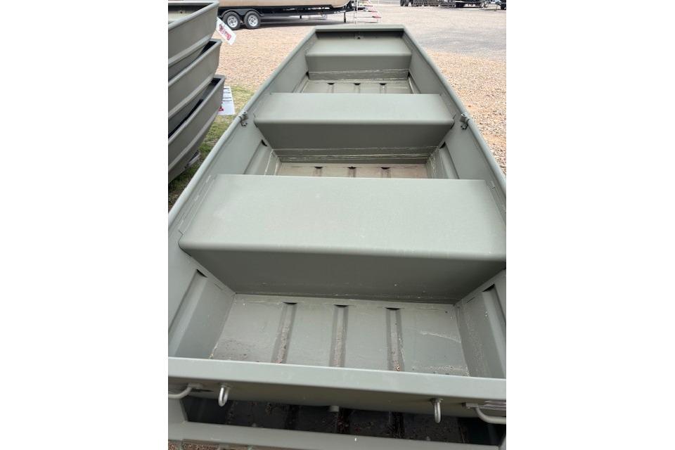 2026 Tracker Grizzly 10 Jon boat, interior view, showcasing seating and storage.