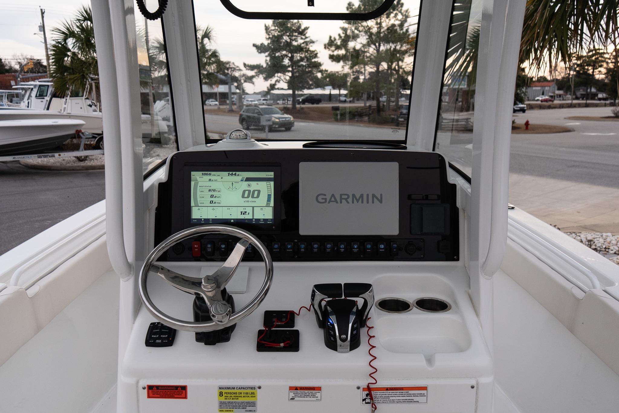 2023 Sea Hunt Gamefish 25 boat dashboard with Garmin navigation system.