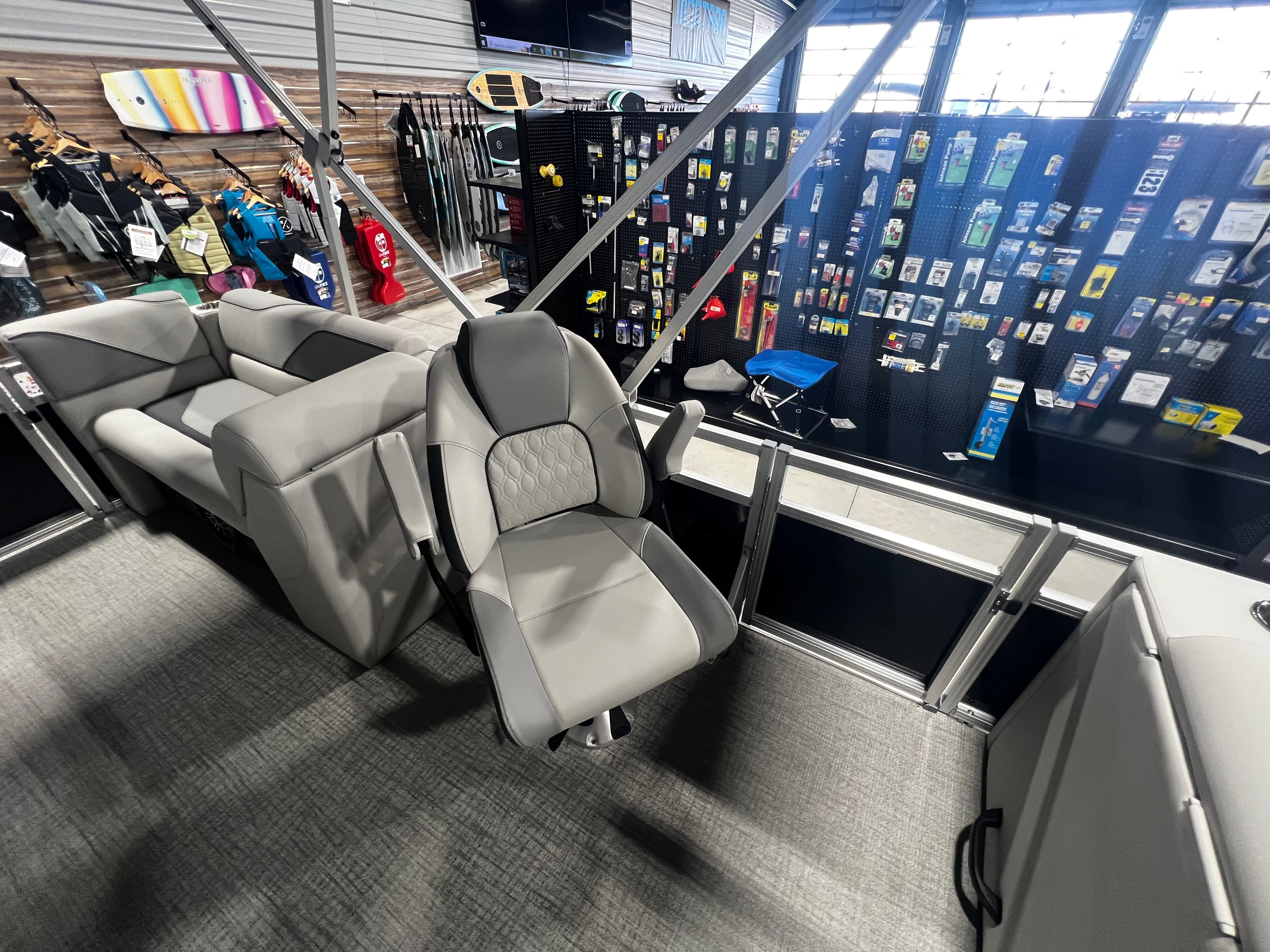 Interior of 2026 Tahoe 2180 Sport Quad Lounger with gray seating.