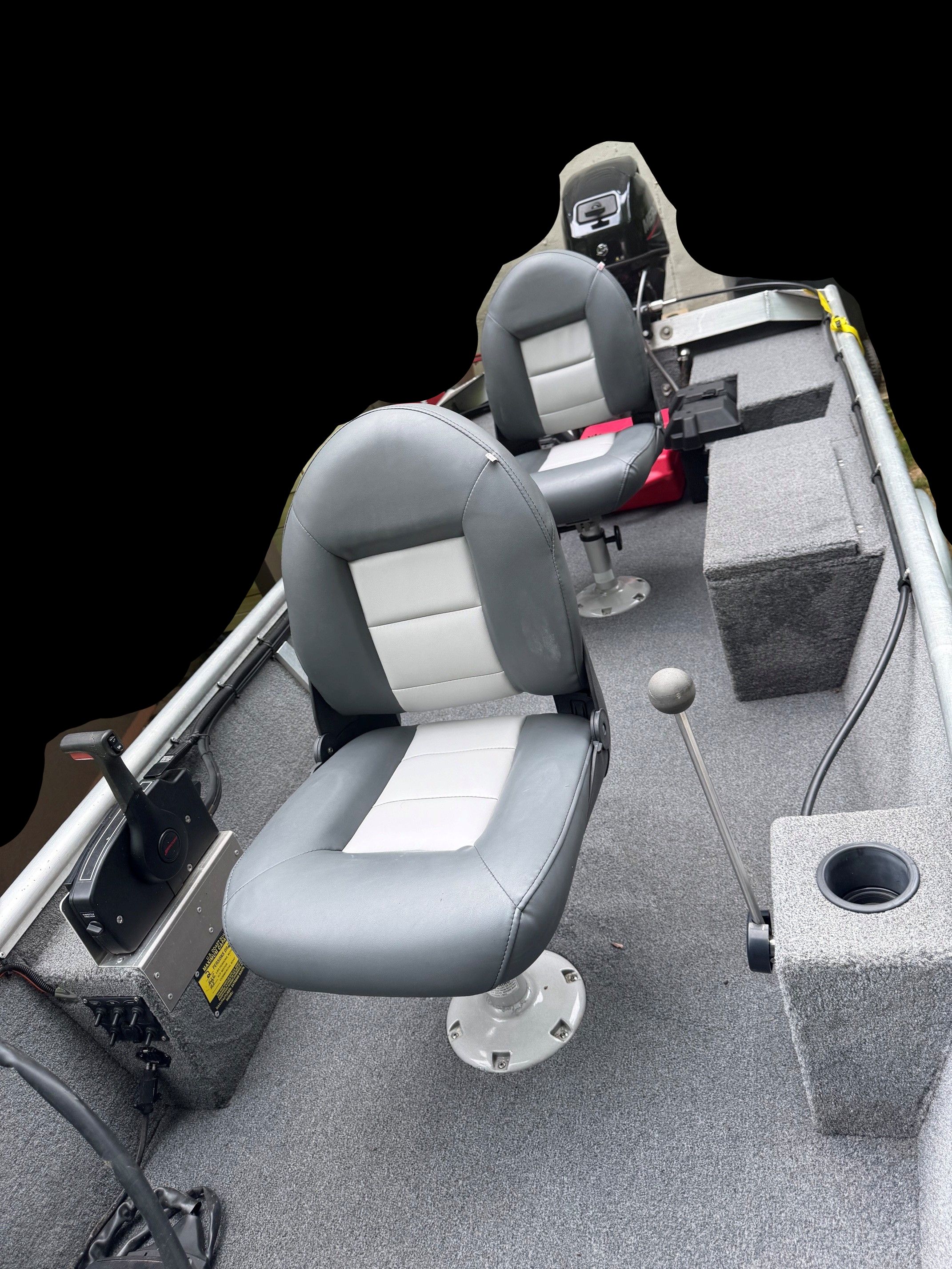 The image shows the interior of a 2021 X-Treme RS 1542 SS boat with two cushioned seats.