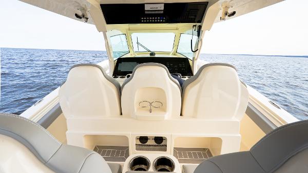 2025 Scout 425 LXF boat interior with luxurious seating and ocean view.