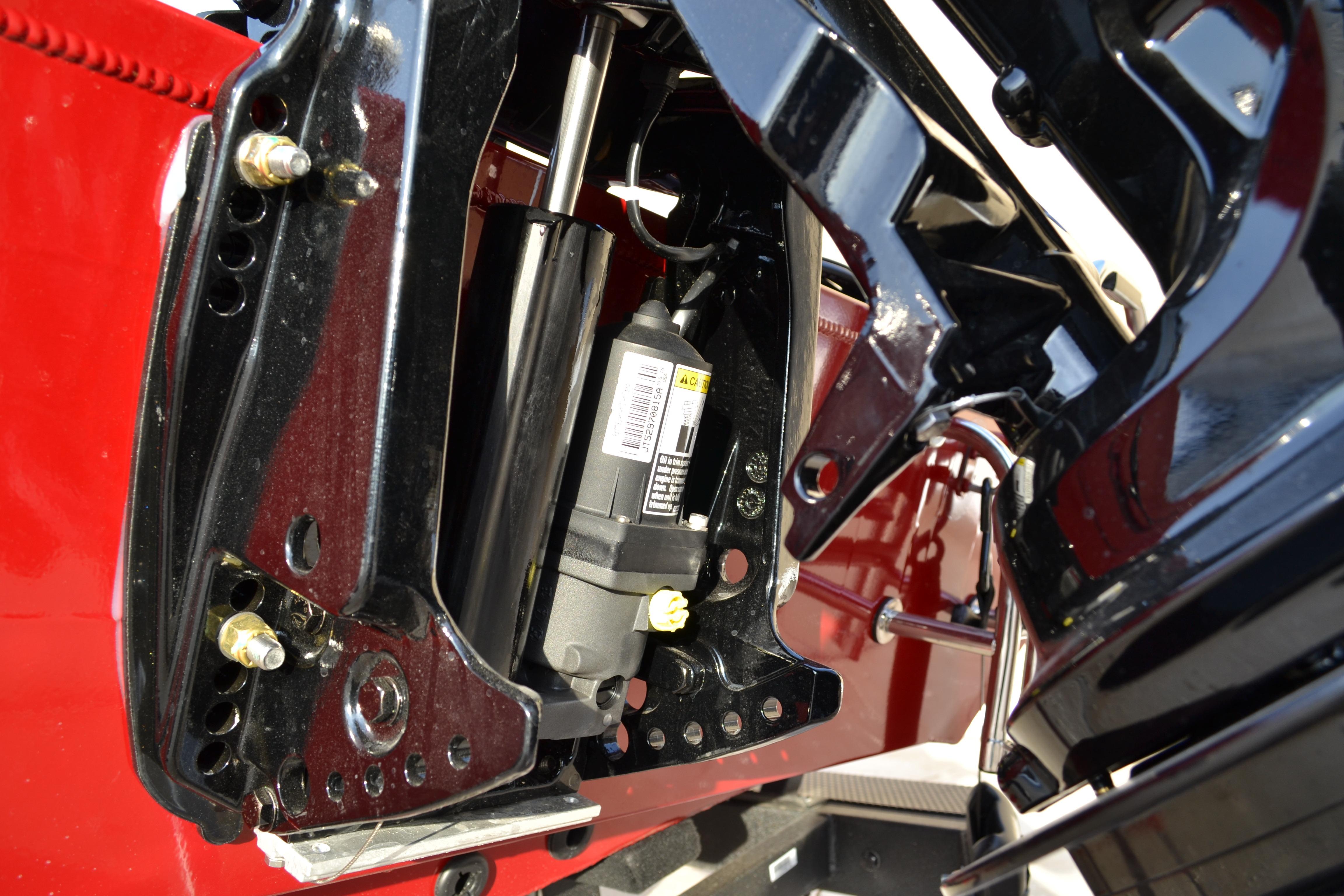 Close-up of 2026 Ranger RT188 boat engine components in red and black.
