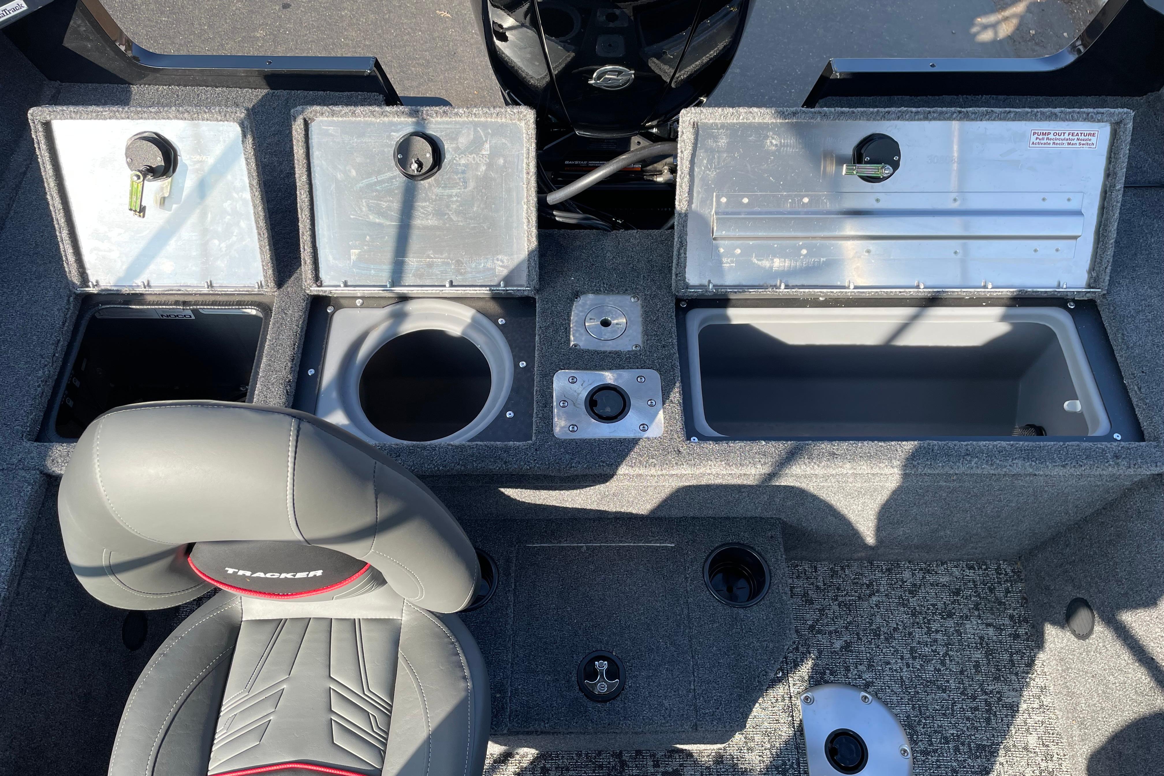 2026 Tracker Pro Guide V-175 WT boat interior with storage compartments and seating.