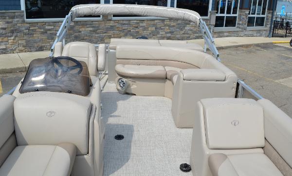 2018 Tahoe LTZ 2285 CR pontoon boat with beige interior and spacious seating.
