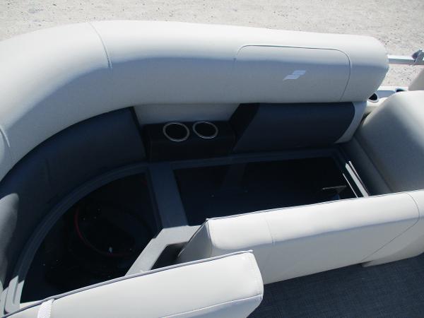 Starcraft LX16R 2025 boat interior with gray seating and cup holders.