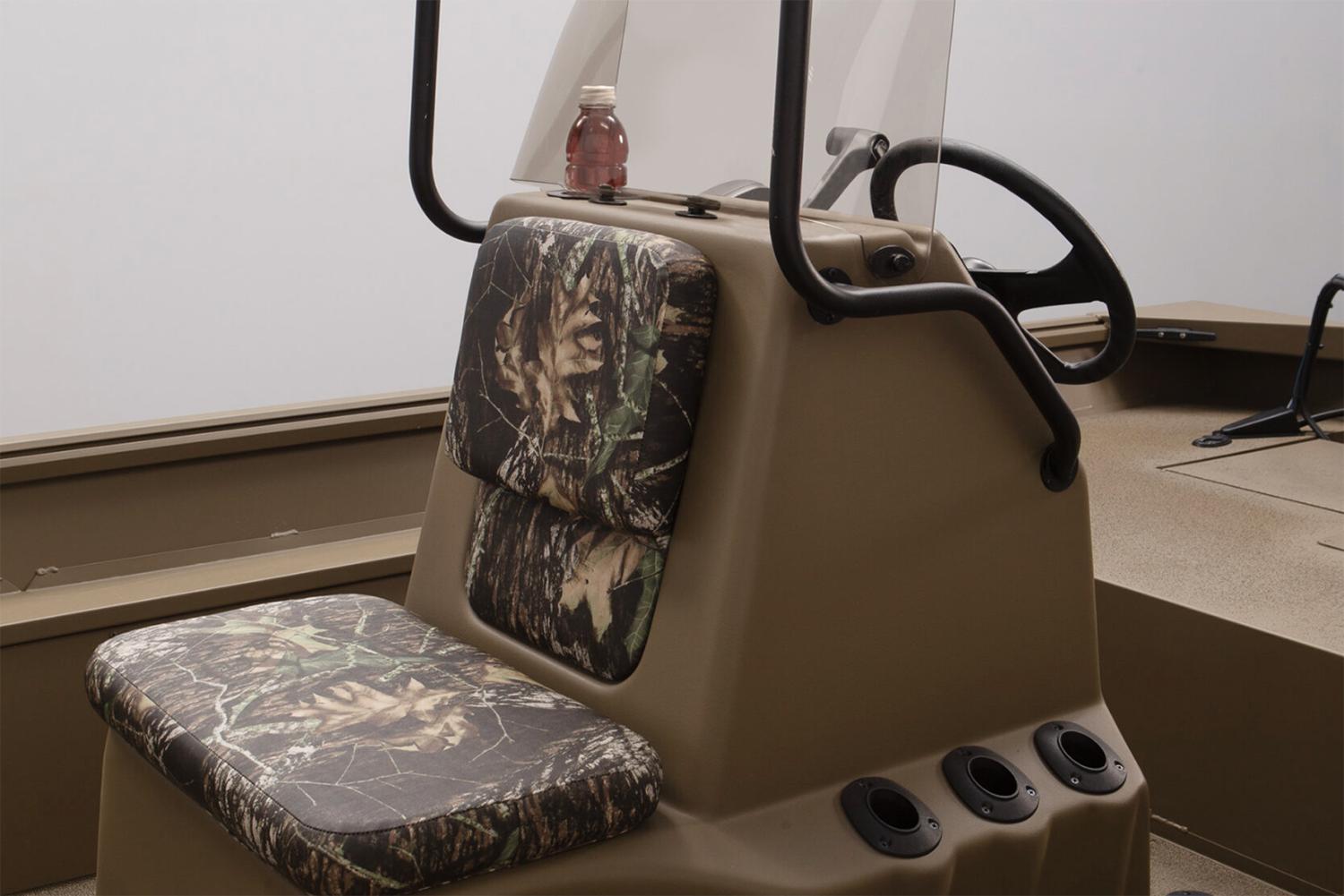 Manufacturer Provided Image: 2026 G3 Gator Tough 17 CC boat console with camouflage seating and steering wheel.