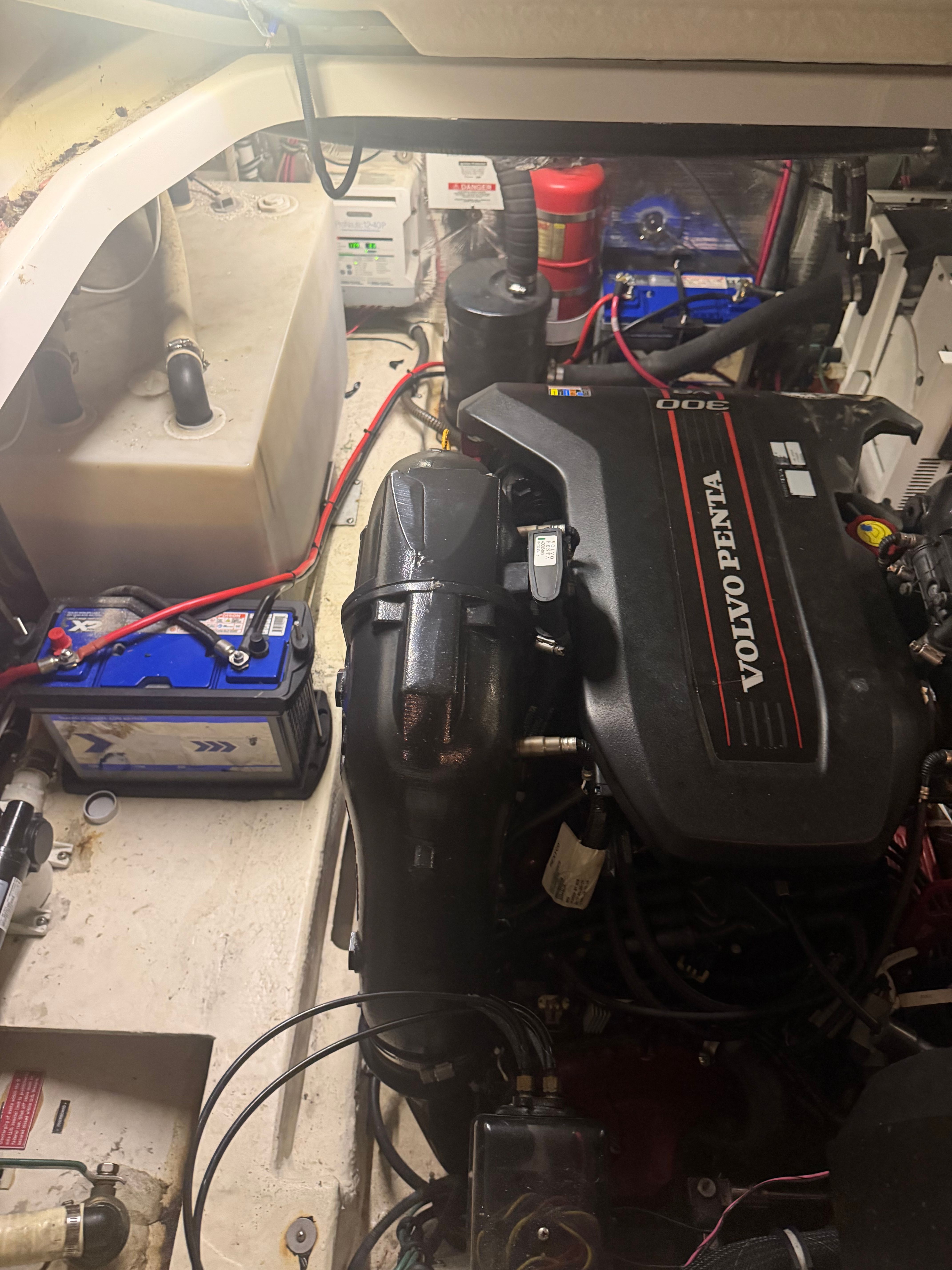 Engine room of a 2015 Regal 35 Sport Coupe with Volvo Penta engine.