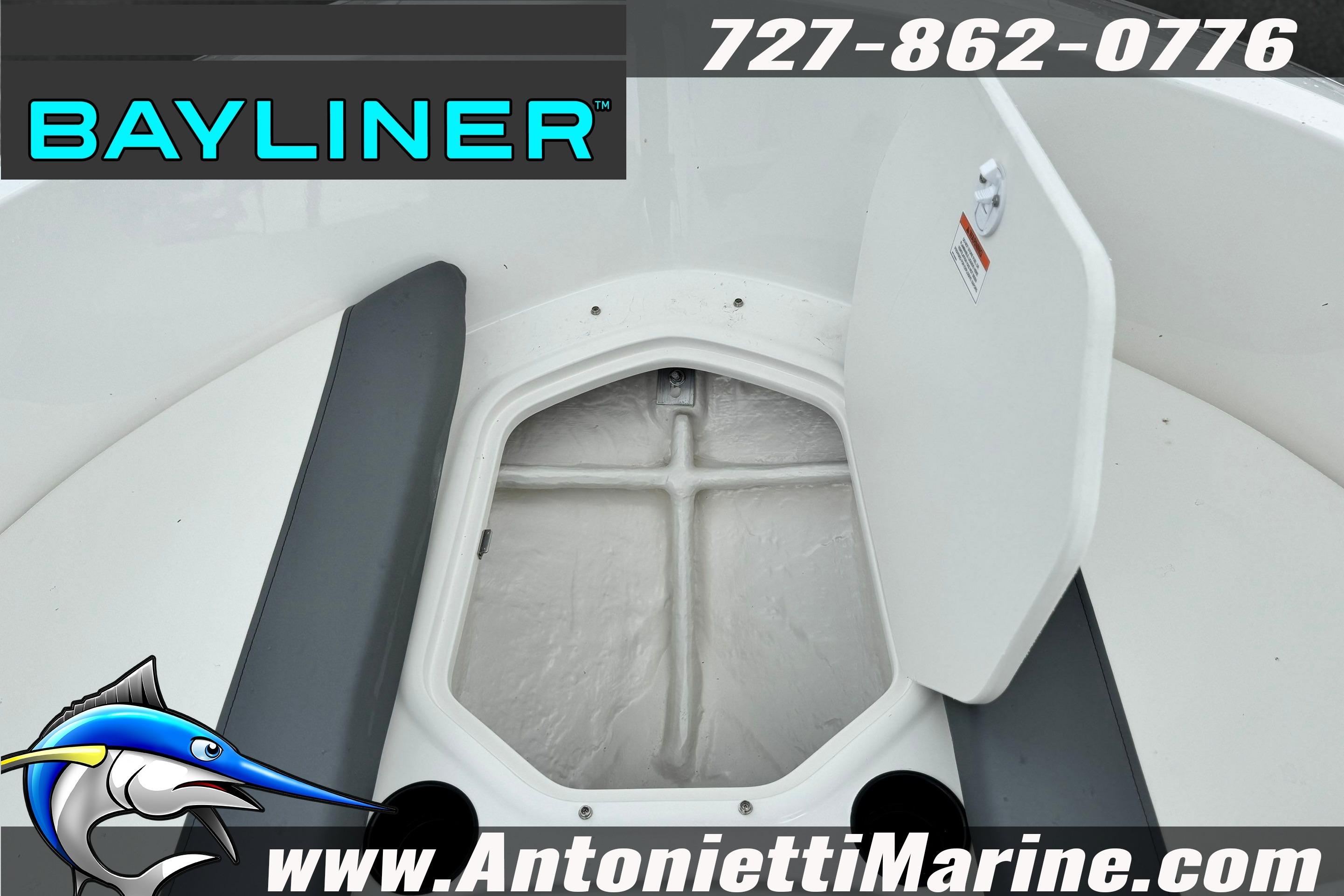 2026 Bayliner Element E16 boat storage compartment with open hatch, featuring logo and contact details.