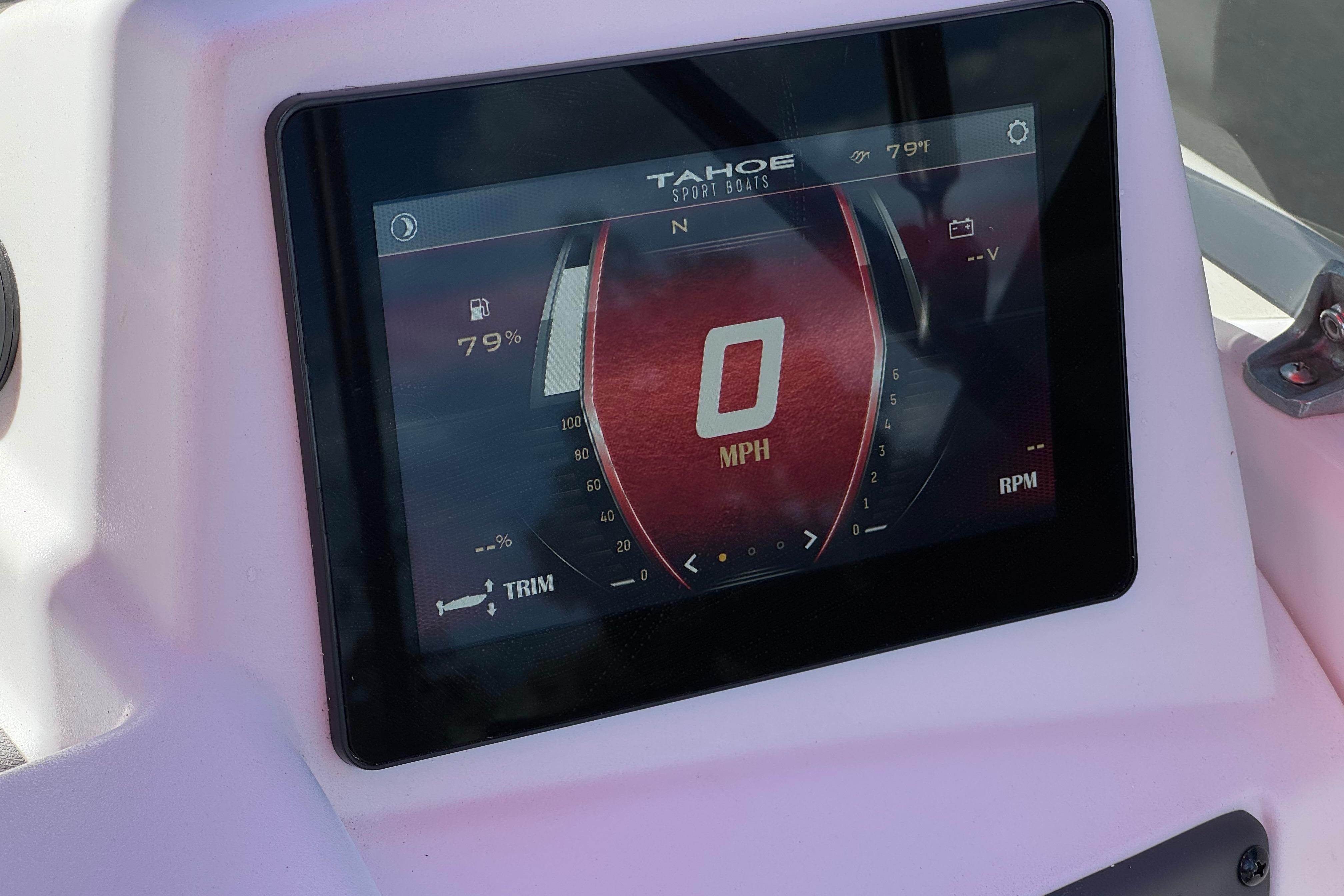 Dashboard display of 2024 Tahoe T16 boat showing speed and fuel level.