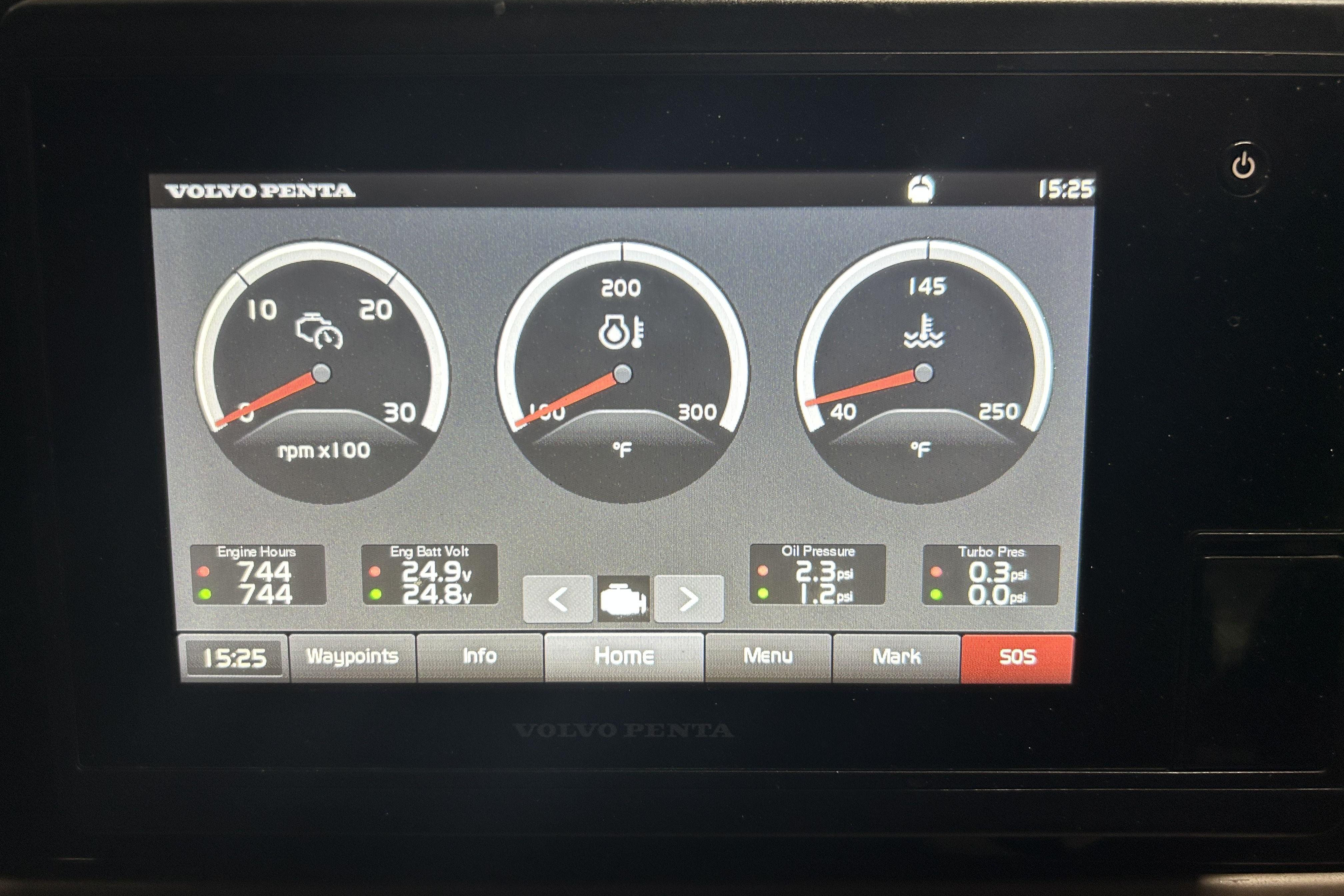 Volvo Penta engine display on 2018 Galeon 560 Sky, showing RPM, temperature, and pressure gauges.