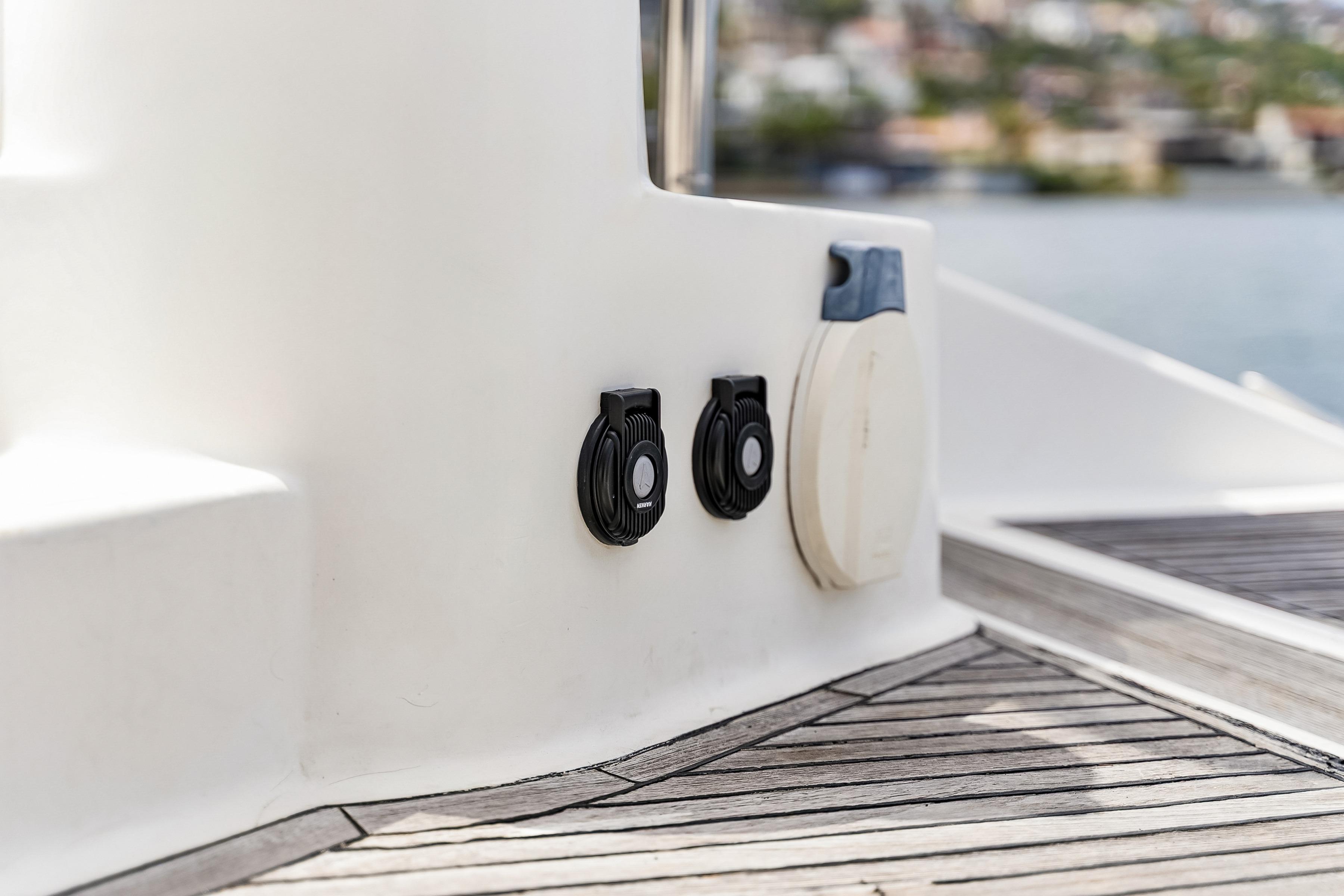 Deck details of a 2009 Catana 65 yacht, featuring sleek design elements.