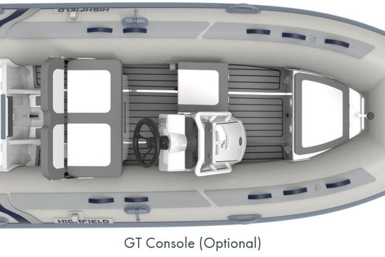 2025 Highfield CL360 boat with optional GT console, top view.