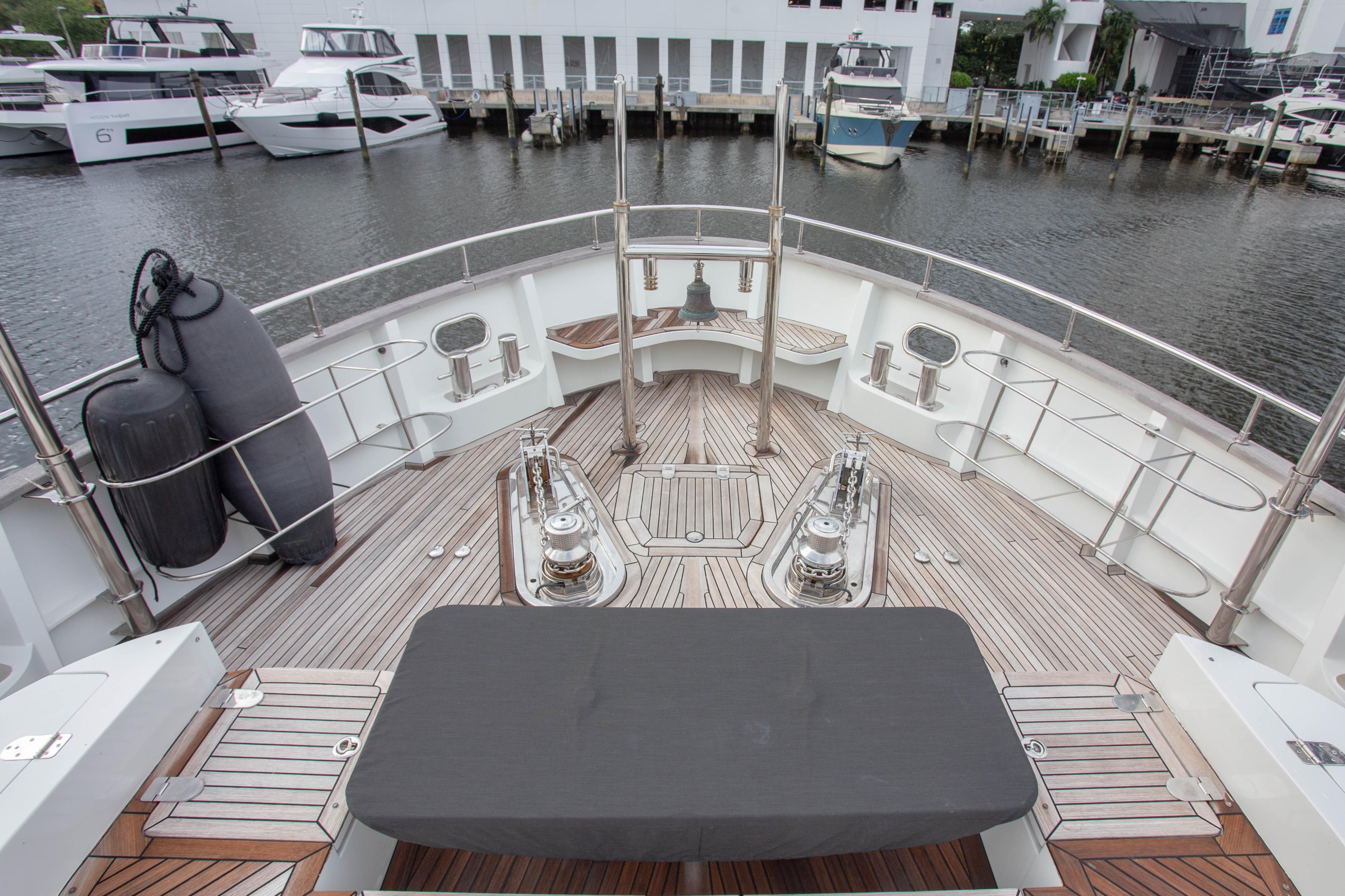 Deck view of 2014 Fifth Ocean Yachts 24m Displacement Explorer Yacht at marina.
