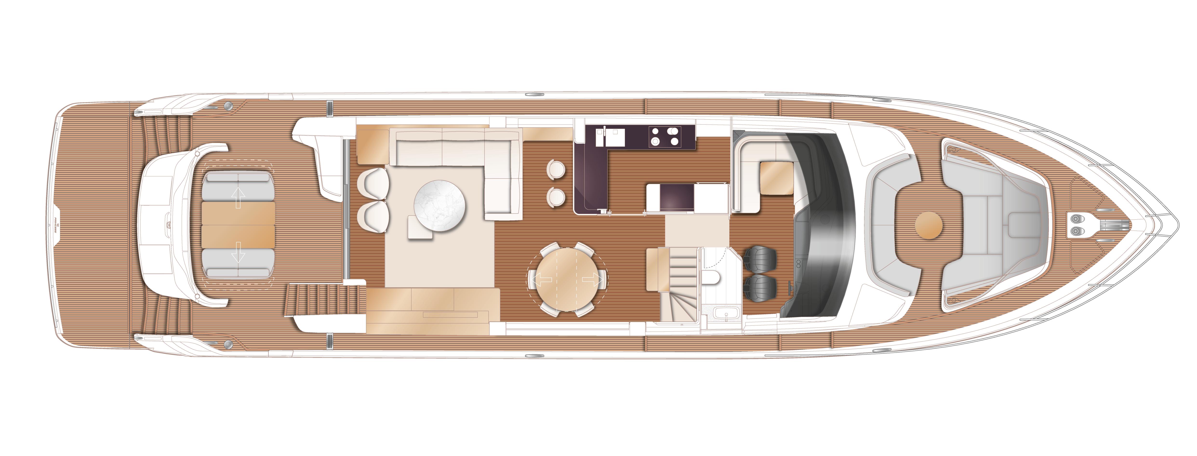 Top view layout of 2024 Princess Y85 yacht, showcasing interior design and deck arrangement.