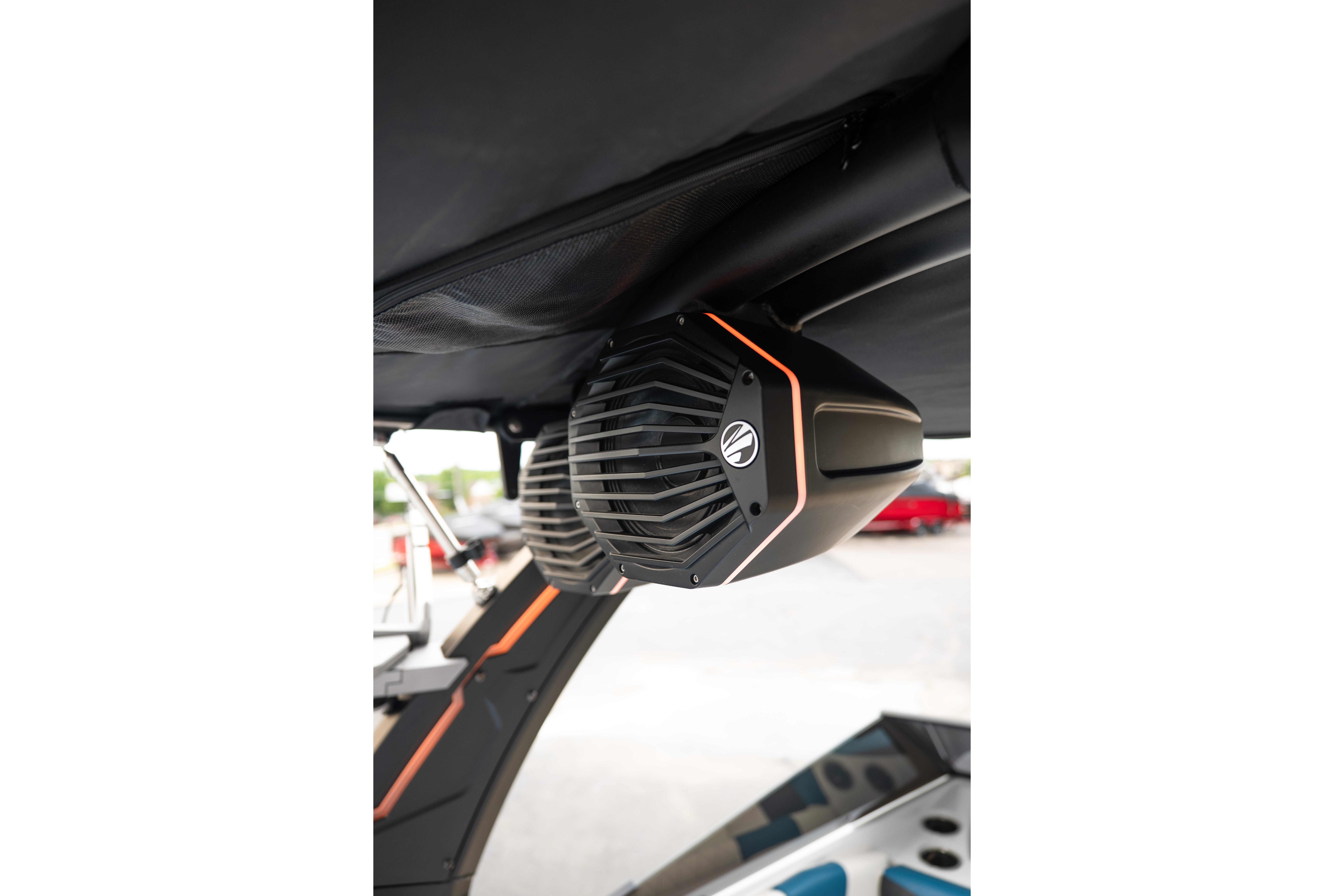 2024 Tigé Z5 boat speaker system with sleek design and orange accents.
