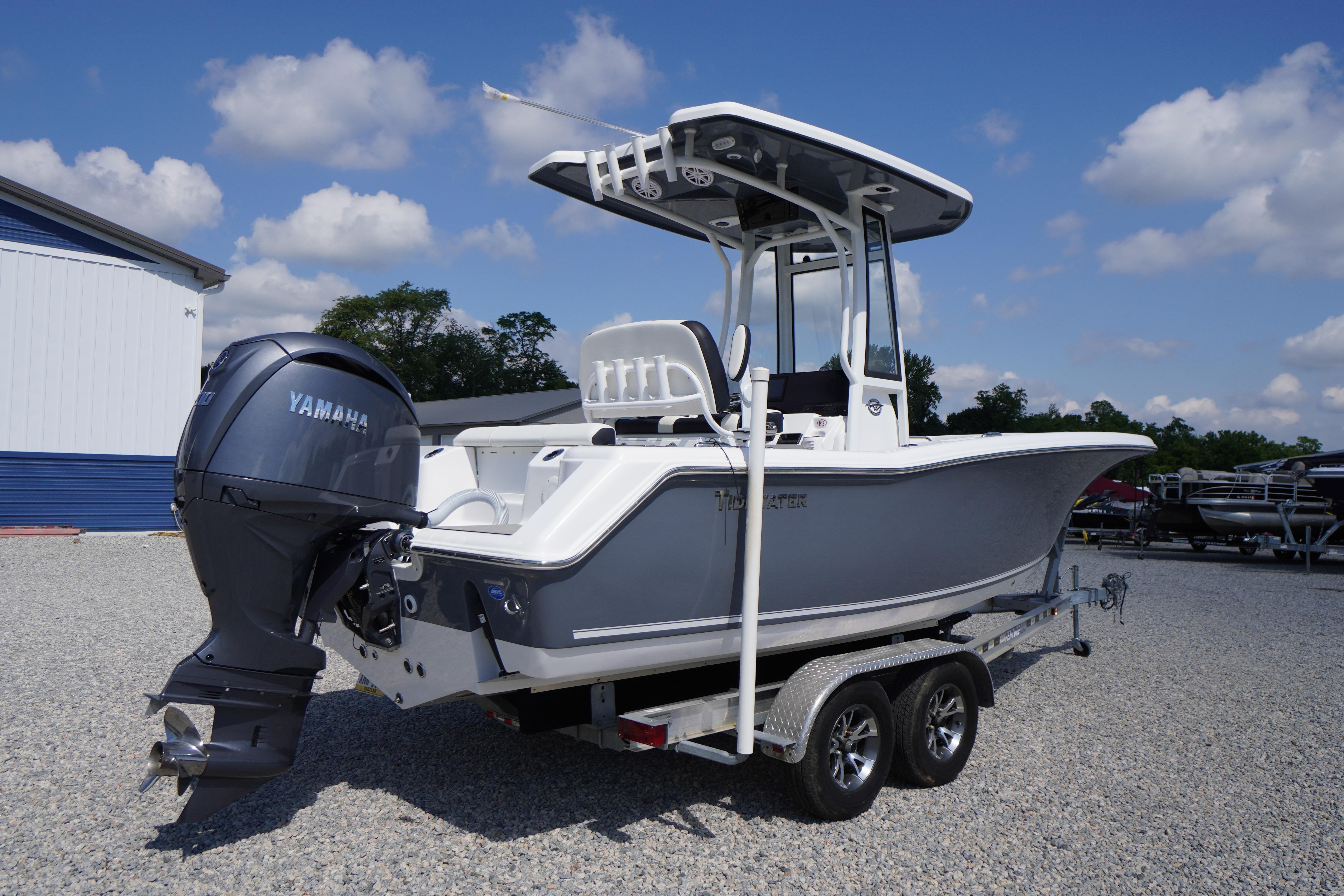 2026 Tidewater 220 CC Adventure boat on trailer, featuring Yamaha outboard motor.